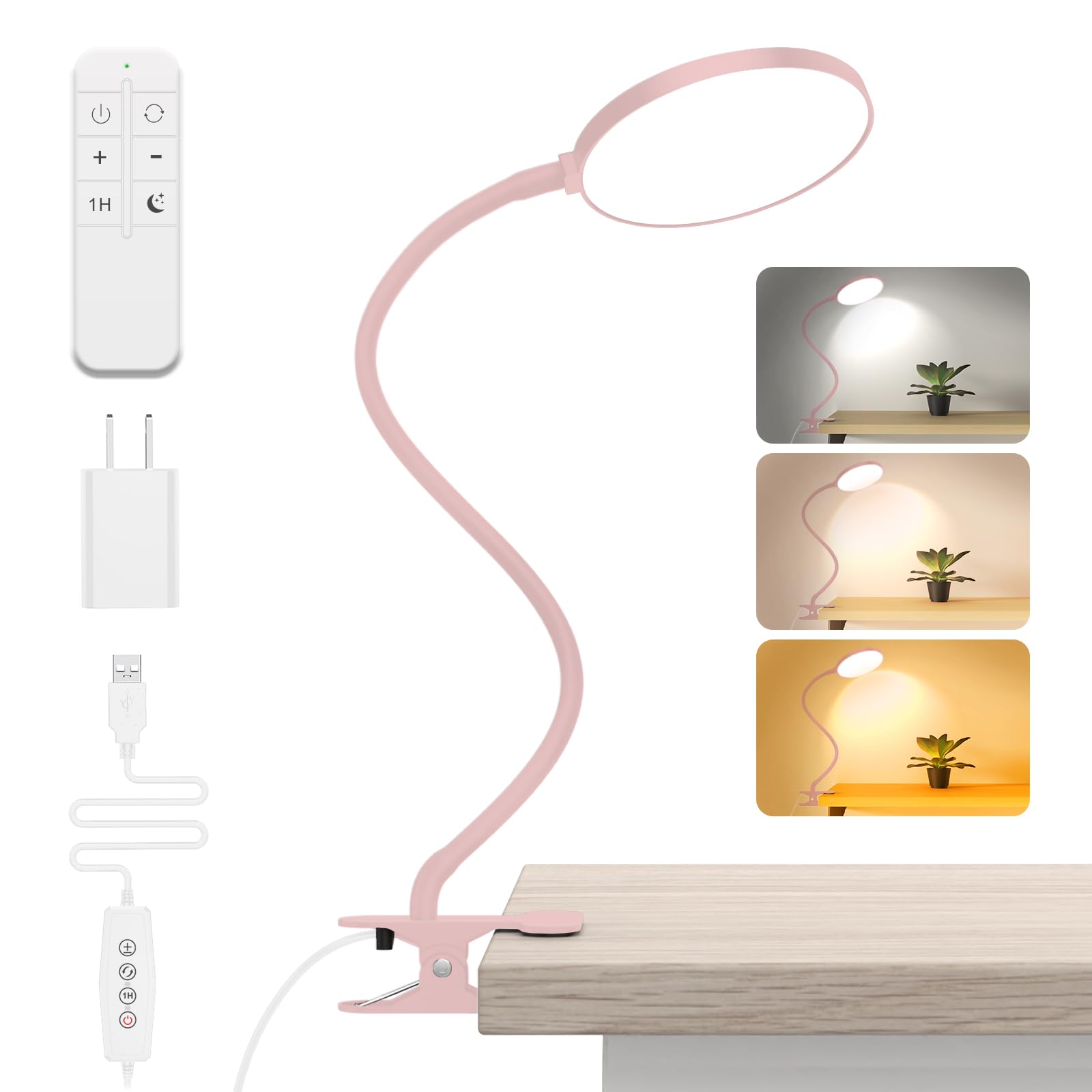 iFalarila LED Desk Lamp Clip On, Dimmable Gooseneck with Remote, 4.7in  Pink, Model TBL247RF-BK, Includes Adapter
