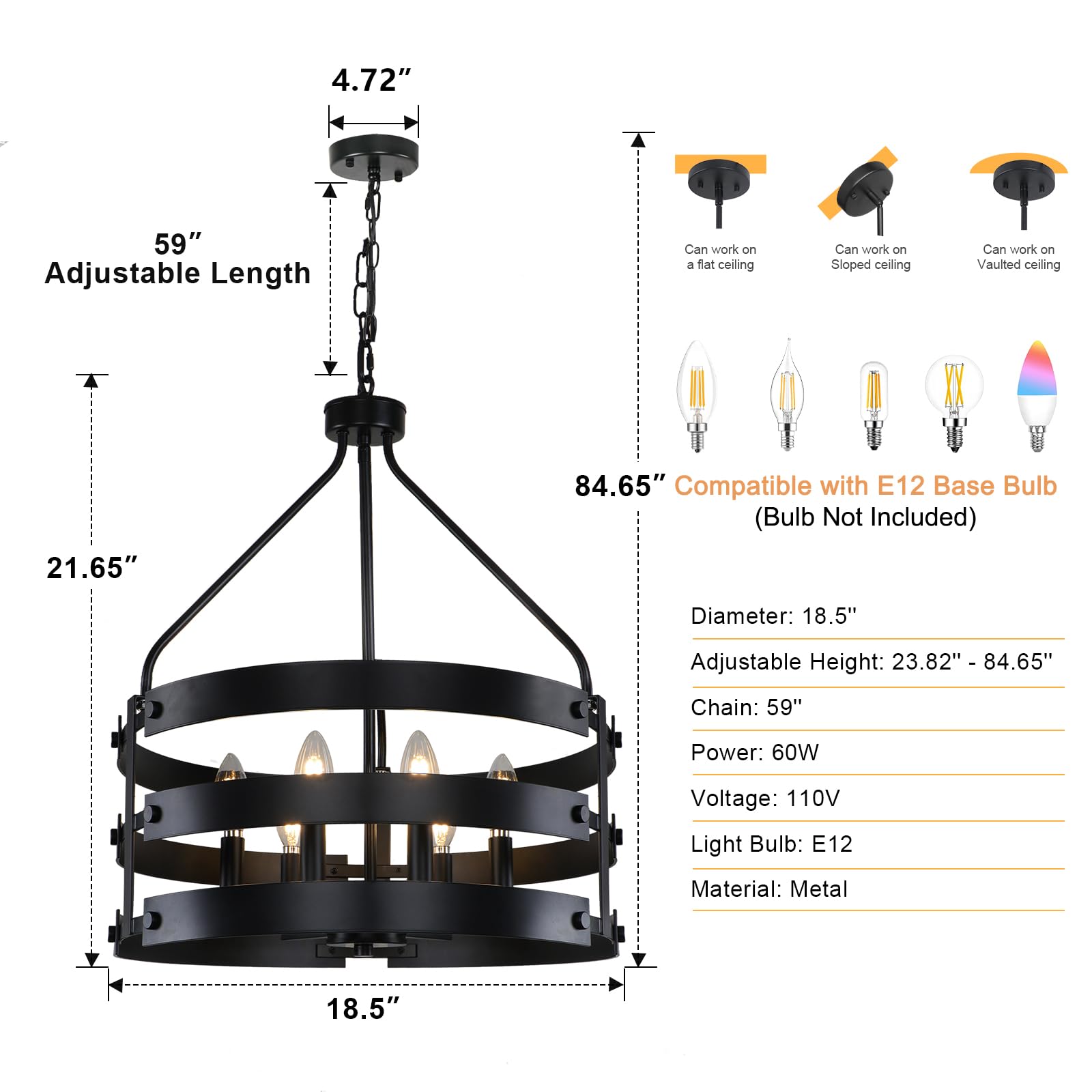 Kmaipem 6-Light Black Chandelier For Dining Room Light Fixture, 18.5'' Farmhouse Drum Chandeliers, Modern Industrial Metal Hangi