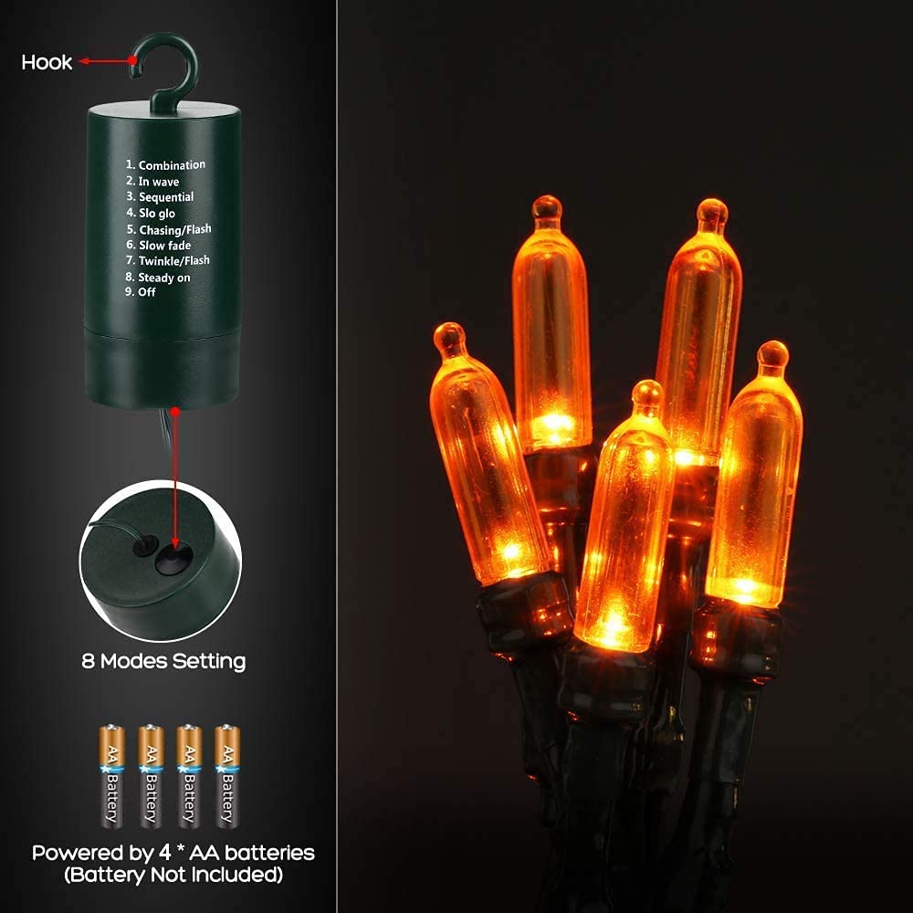 Joomer 33ft Orange Halloween Lights, 100 LED Waterproof with 8 Modes & Timer, Battery Operated Copper String Lights