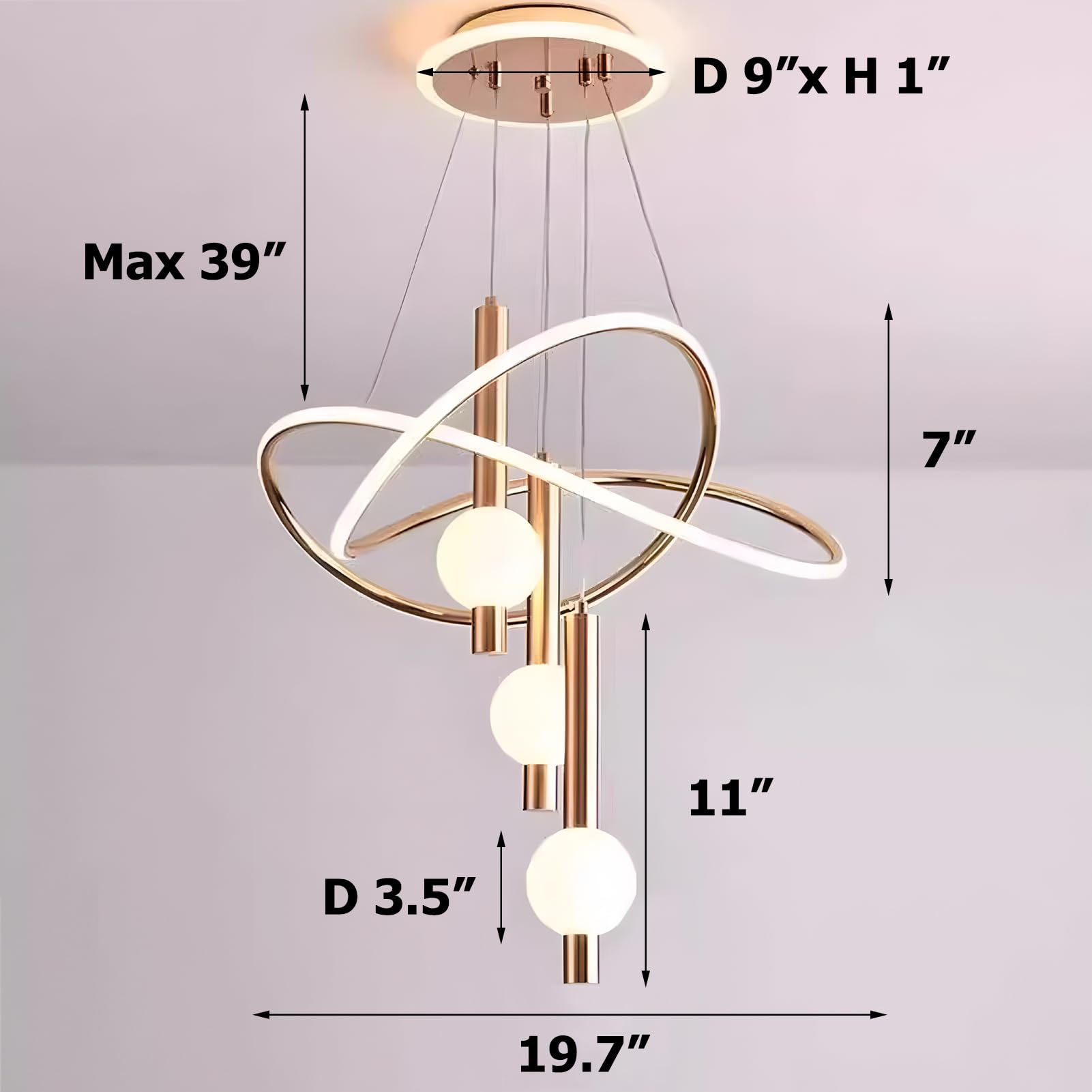 mfanchan Modern Gold LED Chandelier, Adjustable Pendant Light, 19.7in, Brass Gold, Metal, Glass Chandelier 16in