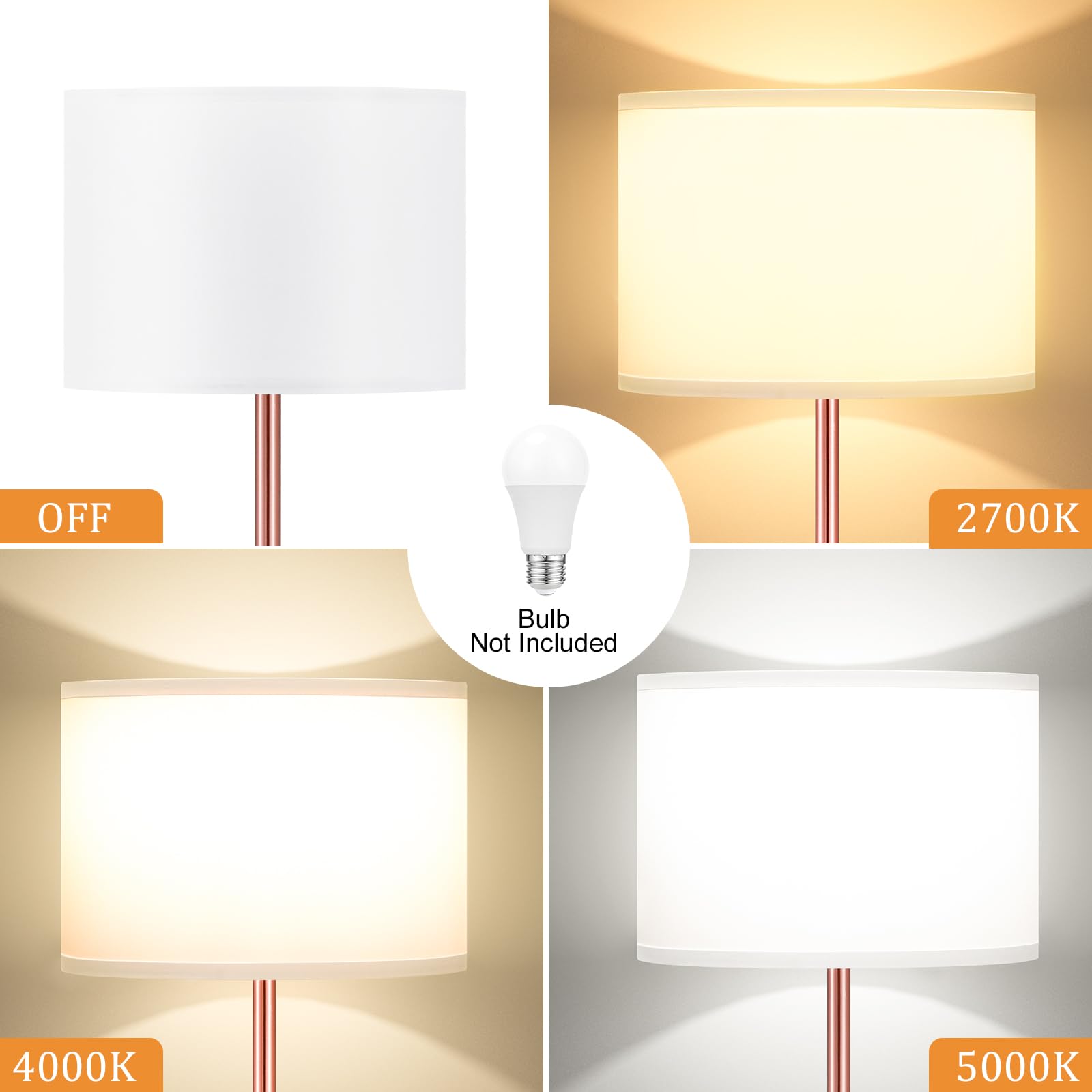 Ambimall 60'' Modern Floor Lamp With Shade, Tall Lamps For Living Room, Bedroom, Office, Dining Room, White Shade With Rose Gold