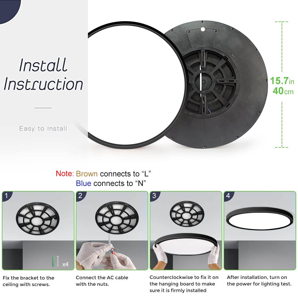 Lightingwill 15.7 Inch Black Flush Mount Led Ceiling Light Fixture 32W, 5000K Daylight White, 3800Lm, Flat Modern Round Closet L