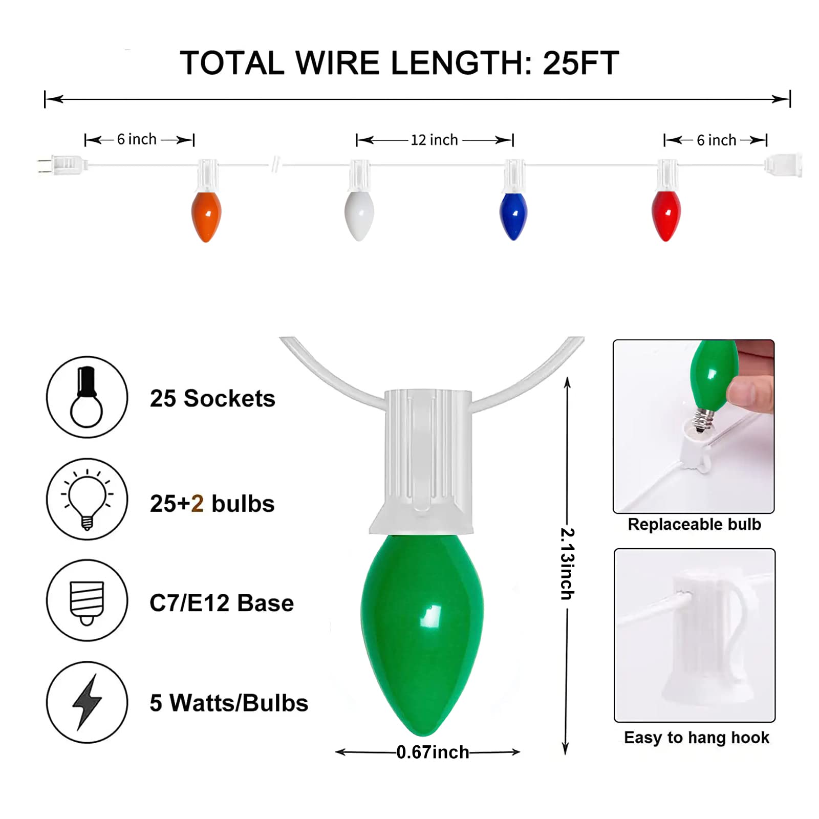 25Ft Christmas Lights Multicolor, C7 Vintage Christmas Lights With 27 Colorful Ceramic Bulbs, Hanging Outdoor Christmas Lights F