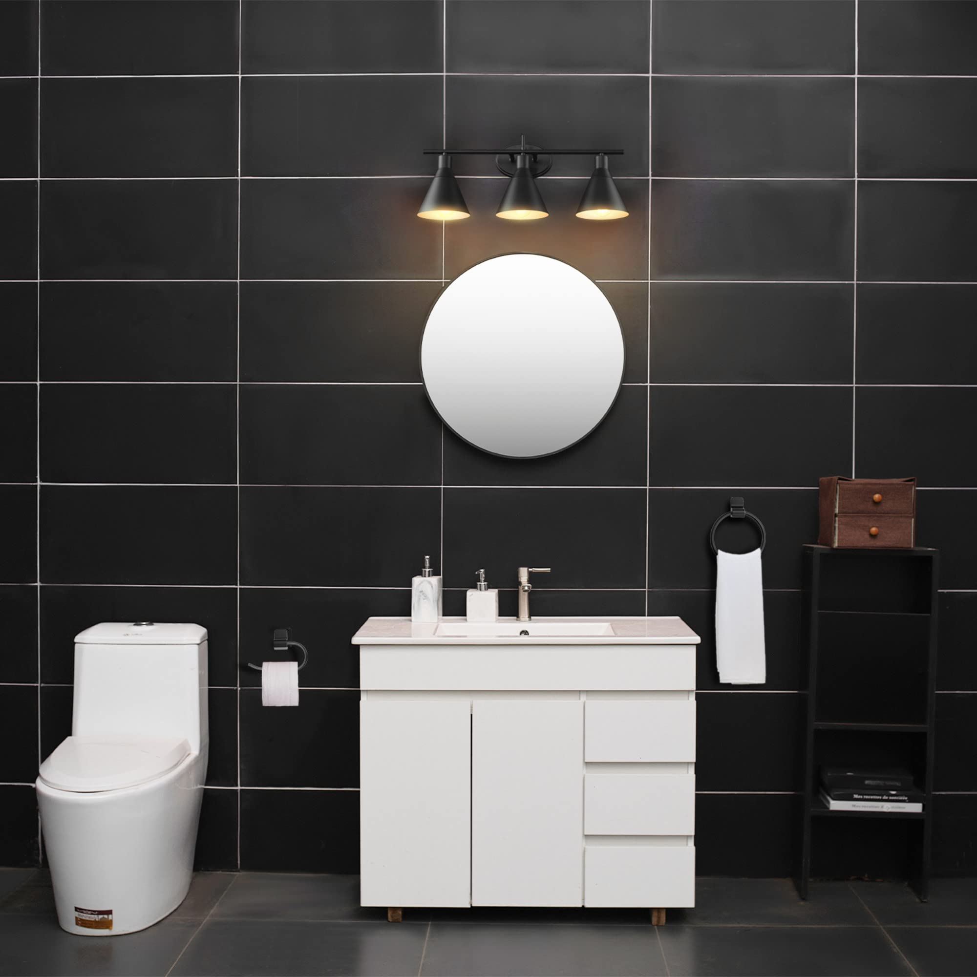 Globe Electric 52060 Tristan 5-Piece All-In-One Bathroom Set, Matte Black, 3-Light Vanity Light, Towel Bar, Toilet Paper Holder,