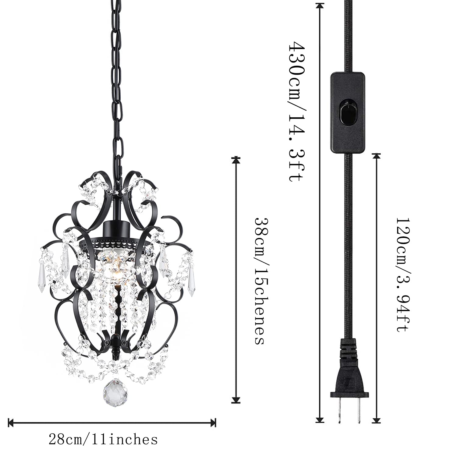 RAYMALUX Plug in Chandelier - Mini Black Metal Ceiling Light Fixture with ON/OFF Switch for Bedroom, Living Room, Dining Room