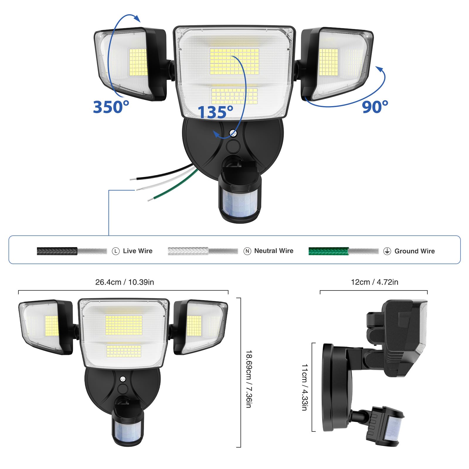Onforu 90W LED Motion Sensor Flood Lights, 10000LM, IP66 Waterproof, Black, Model BDS90G-4, Dusk to Dawn Outdoor Security Lighting