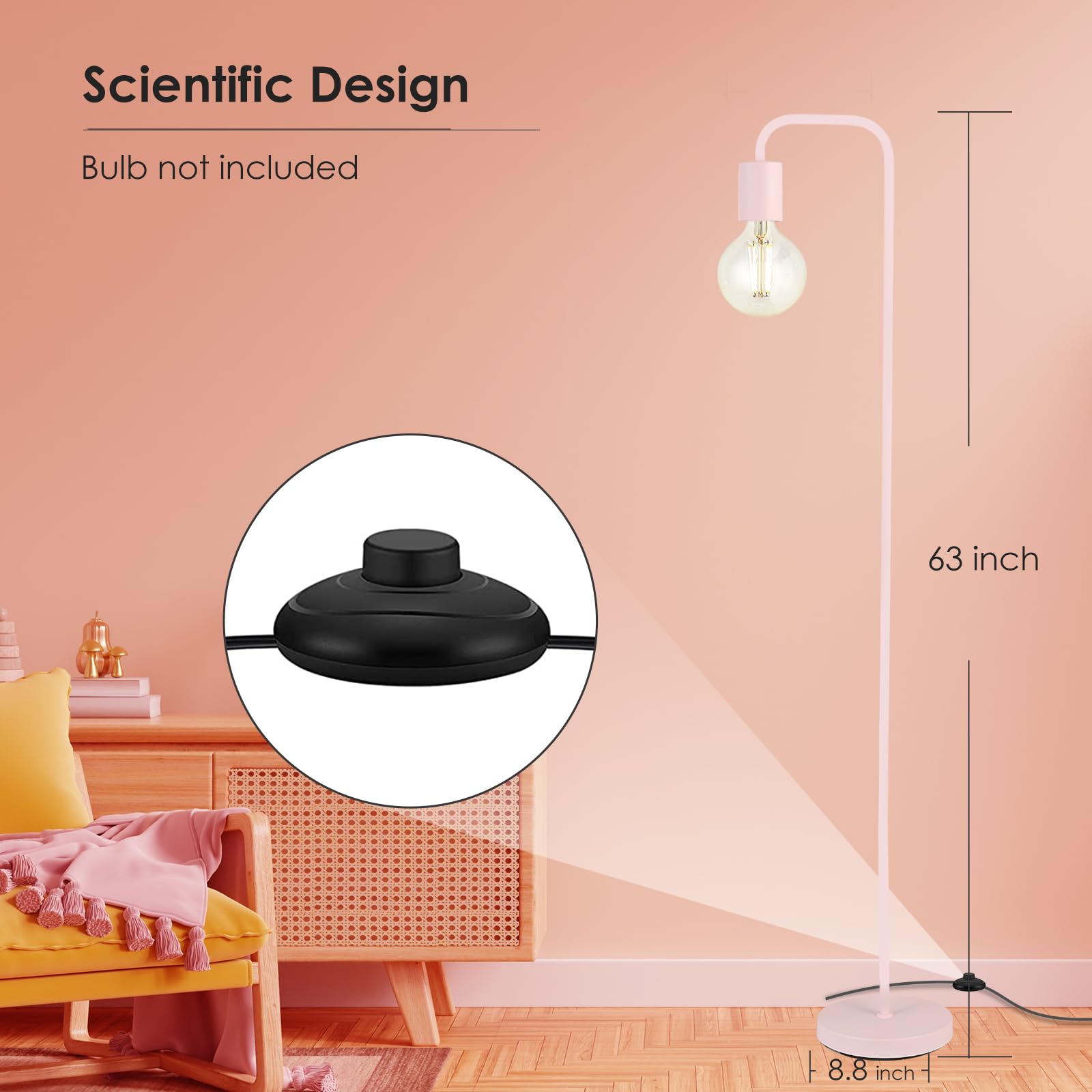 Boostarea Floor Lamp, Modern Cute Pink Floor Lamp, 63Inch Metal Standing Lamp, E26 Socket, On/Off Footswitch, Etl Listed, Tall T