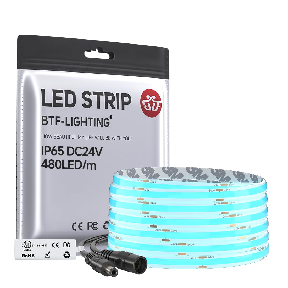 Btf-Lighting Fcob Ip65 Ice Blue Color Cob Led Strip 16.4Ft Dc24V 480Led/M 8Mm Width Flexible High Density Cri 90+ Dimmable Led Light For Home Indoor Decor(No Controller Or Adapter)