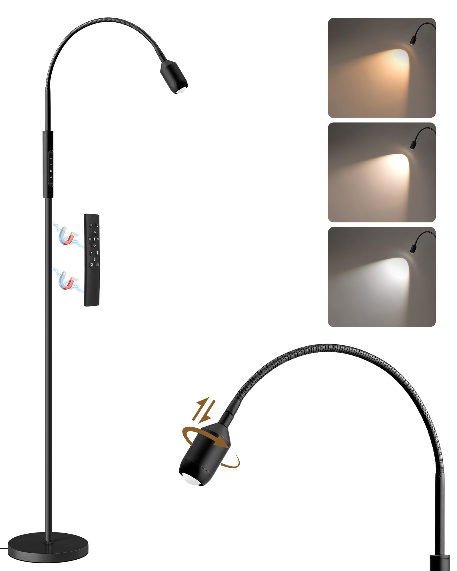 GOEBLESON Reading Floor Lamp, 74.2 Tall LED Lamp, with 360 Flexible Gooseneck & Touch & Remote Control, Ajustable Color & Beam, 