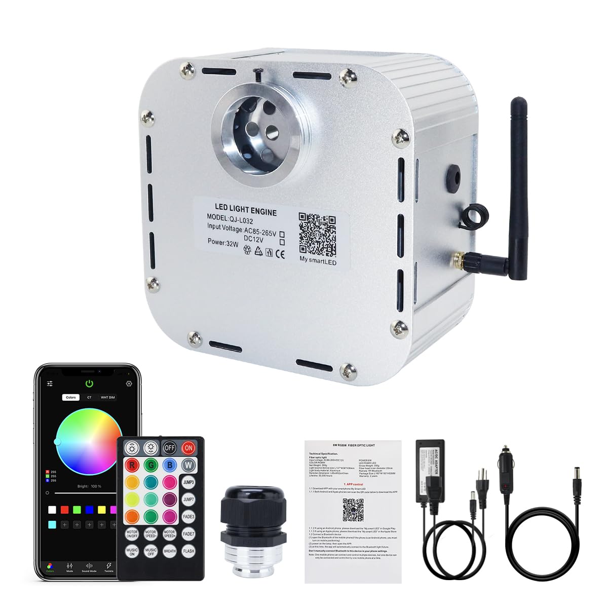 AKEPO Fiber Optic Light Engine, Bluetooth Control, Music Activated, 32W Twinkle, Multicolor, Model QJ-L032