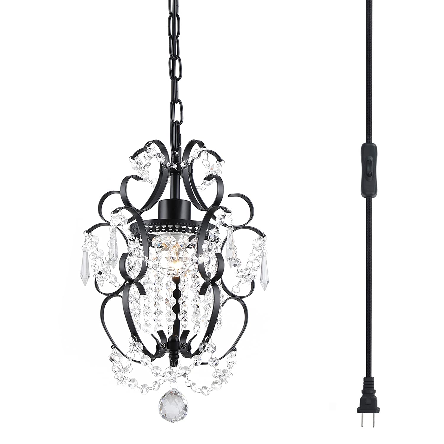 Raymalux Plug In Chandelier Hanging Lignt With Plug In Cord On/Off Switch,Mini Black Chandelier Ceiling Light Fixture For Bedroo