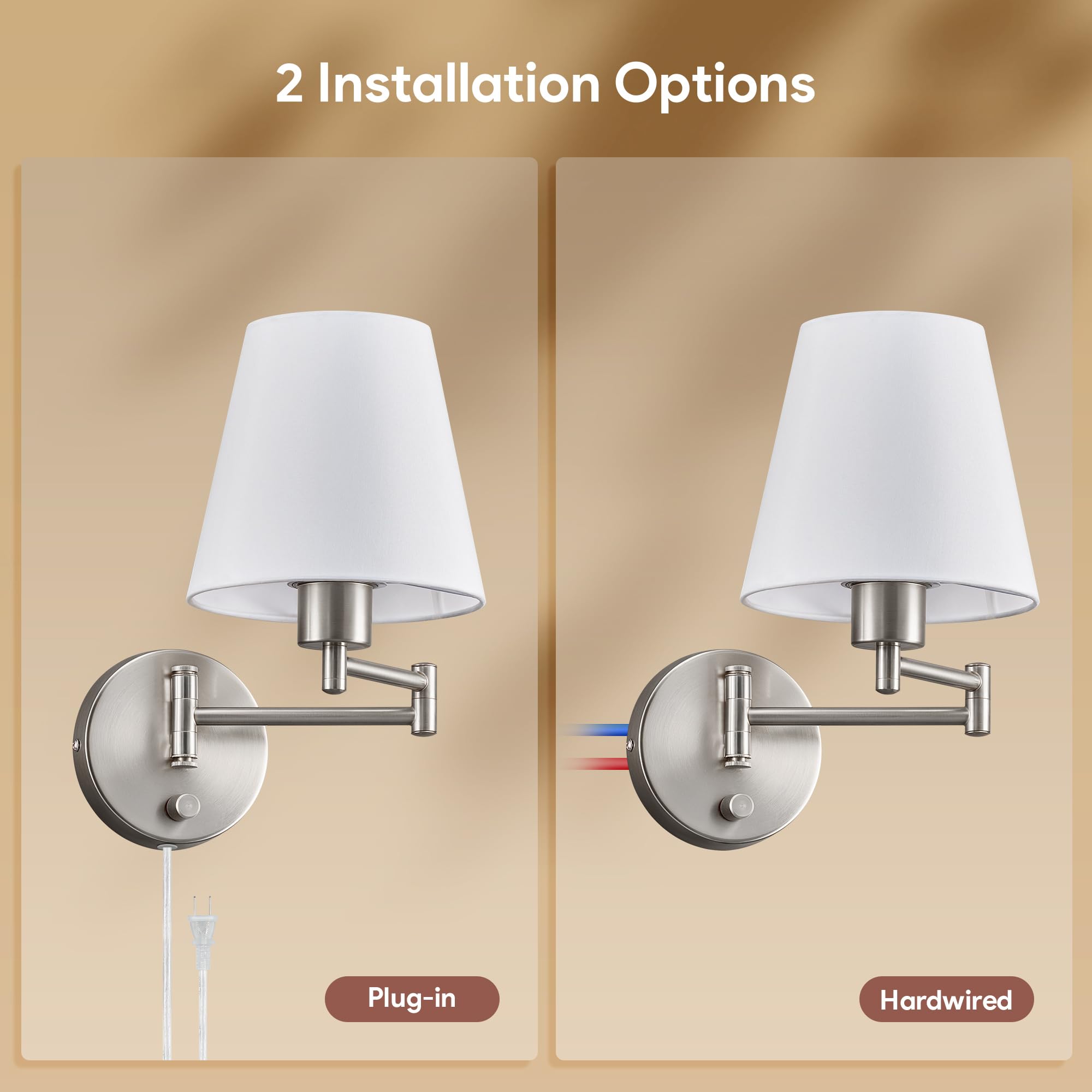 VONLUCE Wall Sconce Set of 2, Adjustable Swing Arm Lamps, Nickel Base, White Fabric Shade, Hardwired/Plug-in, Modern Design