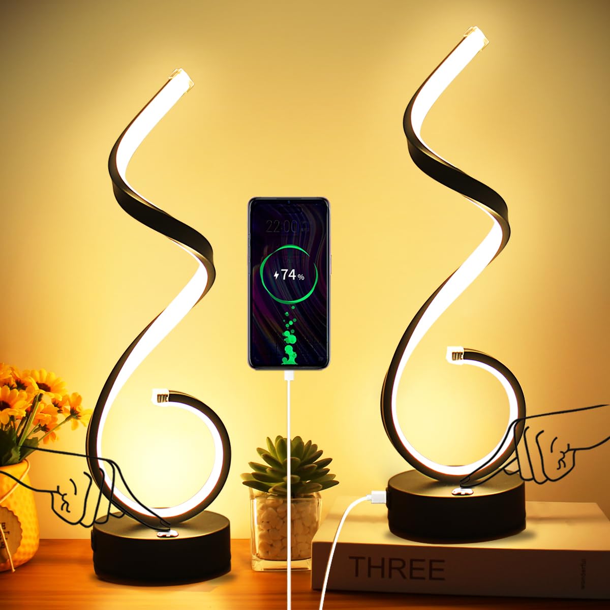 Besketie Modern Spiral Led Table Lamp Set Of 2 With Usb Ports, Dimmable Touch Control, Black