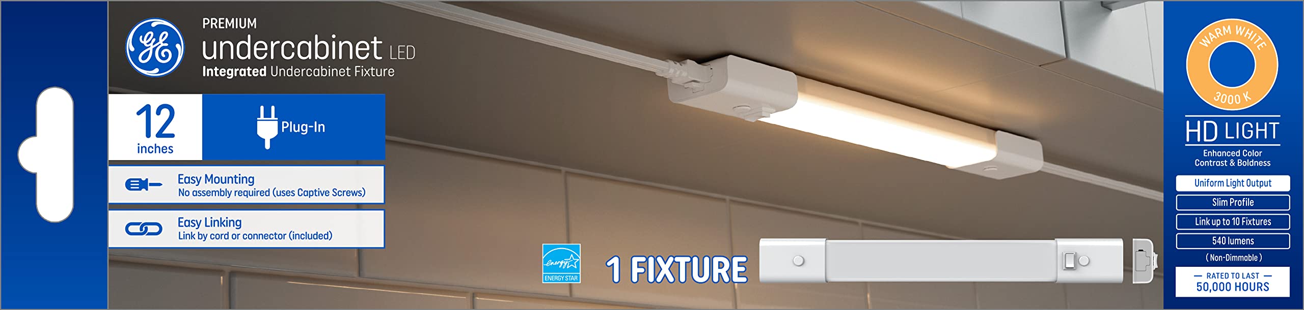 GE LED Undercabinet Light Fixture, Linkable, 12in, Warm White, Model 93129097, Plastic, 1 Count