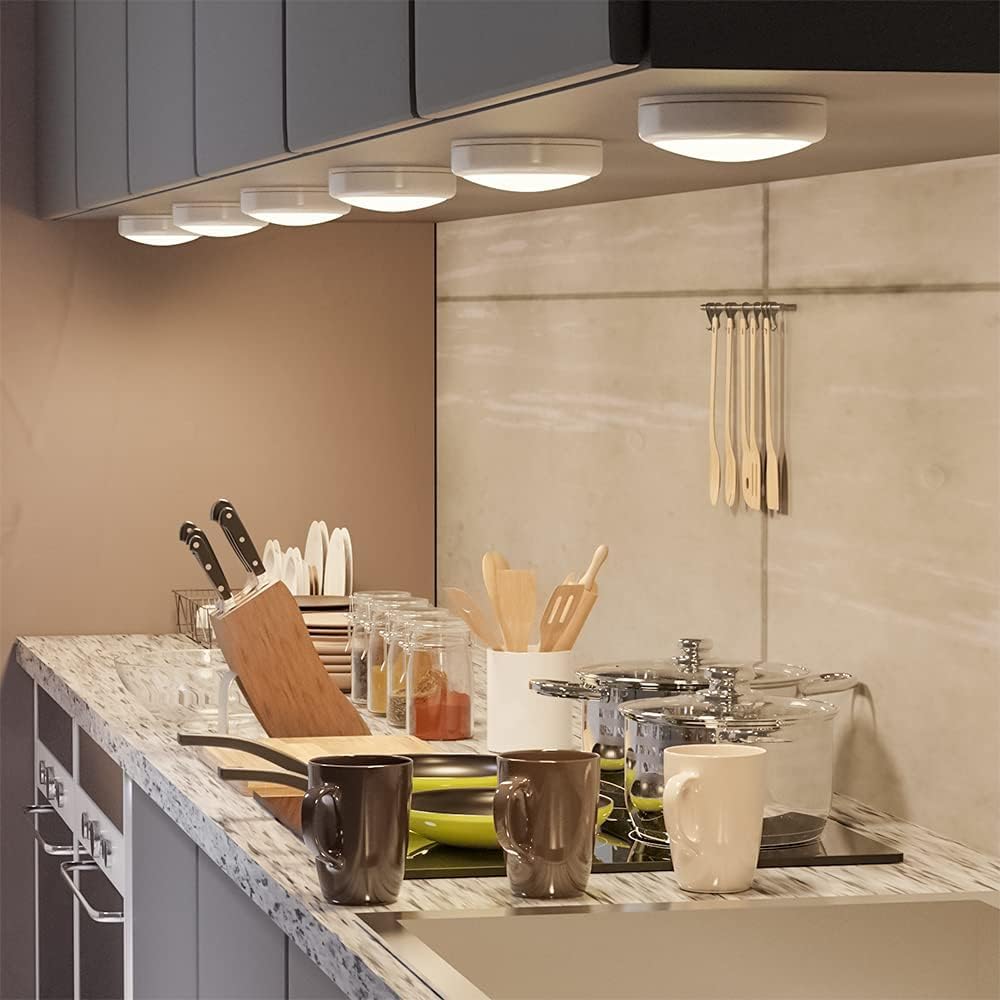 HELPLEX Puck Lights, LED Under Cabinet Lighting, 16 Colors, Dimmable, 6 Pack, Battery Powered, Model PPD-6PK-18DC, 18 Batteries Included