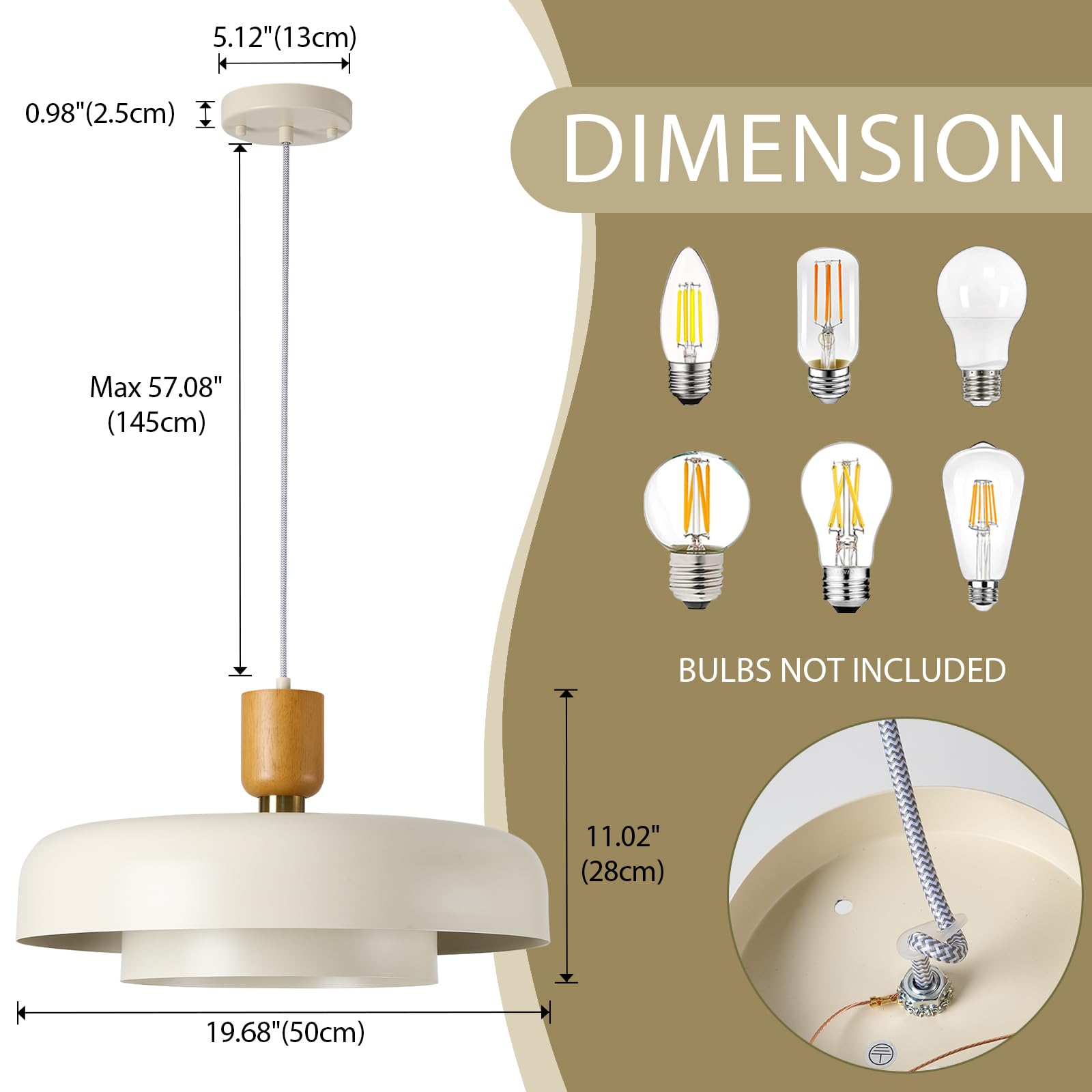 TeHenoo Modern Large Pendant Light, 19.68" 2-Tier Soft Cream Shades, Natural Wood & Brass, Mid Century Chandelier for Dining Room