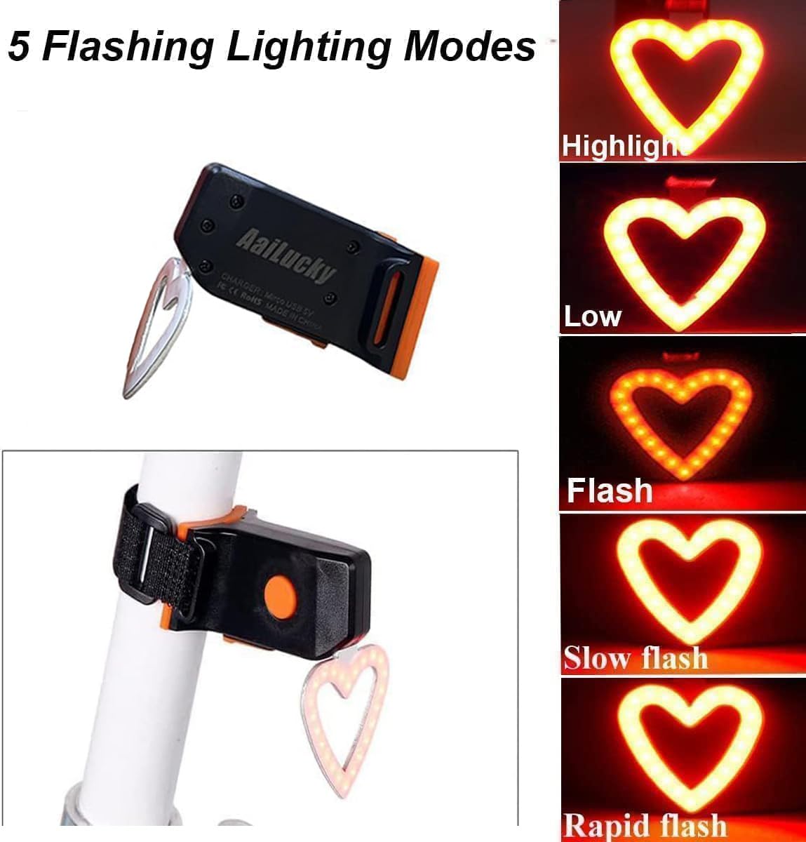 Aailucky Rechargeable Bike Tail Light  Led Bicycle Rear Light For Night Riding  Bright Girls Heart Shape Bike Taillight  Cycling Warning Light For mature-themeds Kids Women  5 Lighting Mode