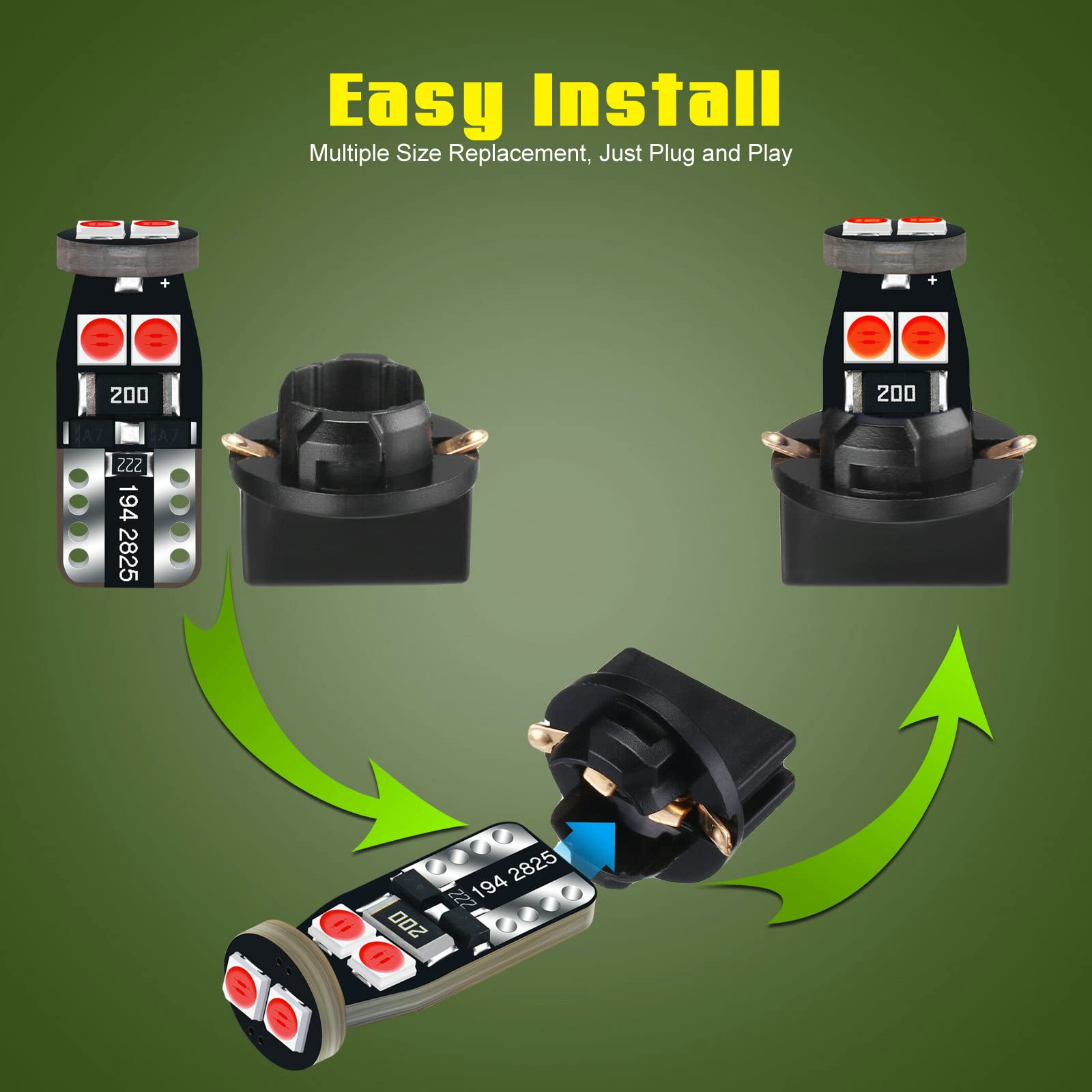 Dodofun 12V Red T10 Pc168 Pc175 Pc194 Pc194R Pc195 Pc160 Pc161 Pc195Na Instrument Cluster Light Led Bulb Replacement For Dashboard Dash Panel Gauge Indicator Lamp W5W 158 168 194 2825 With Socket