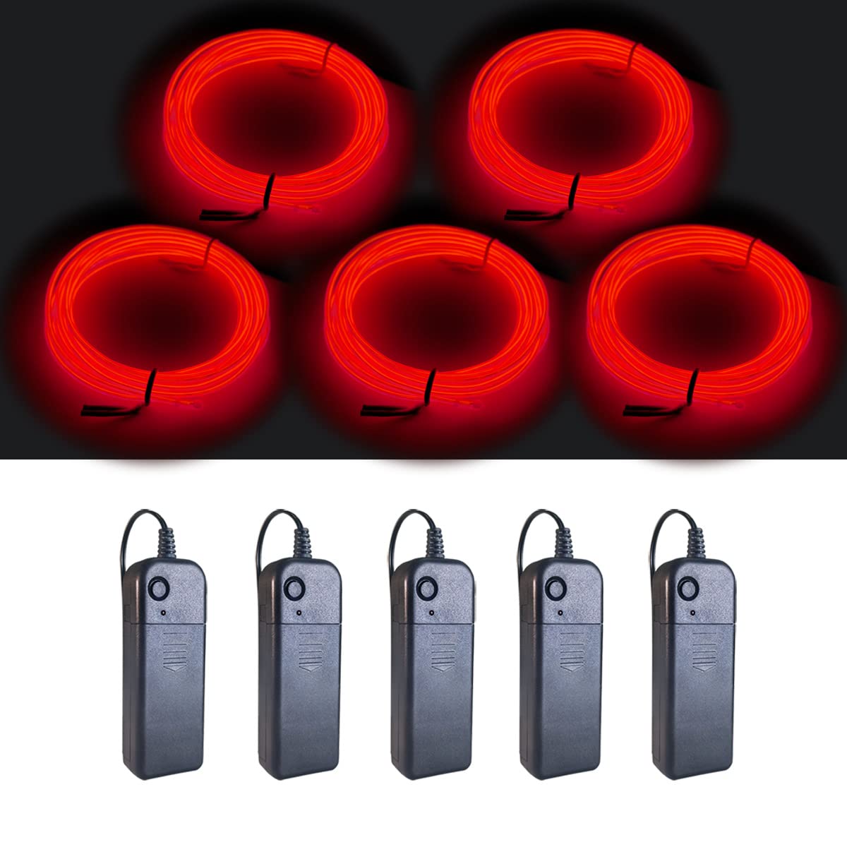 MaxLax EL Wire Red 5 Pack, 9ft/2.75m Neon Light Wire Noise Reduction with Battery Pack…
