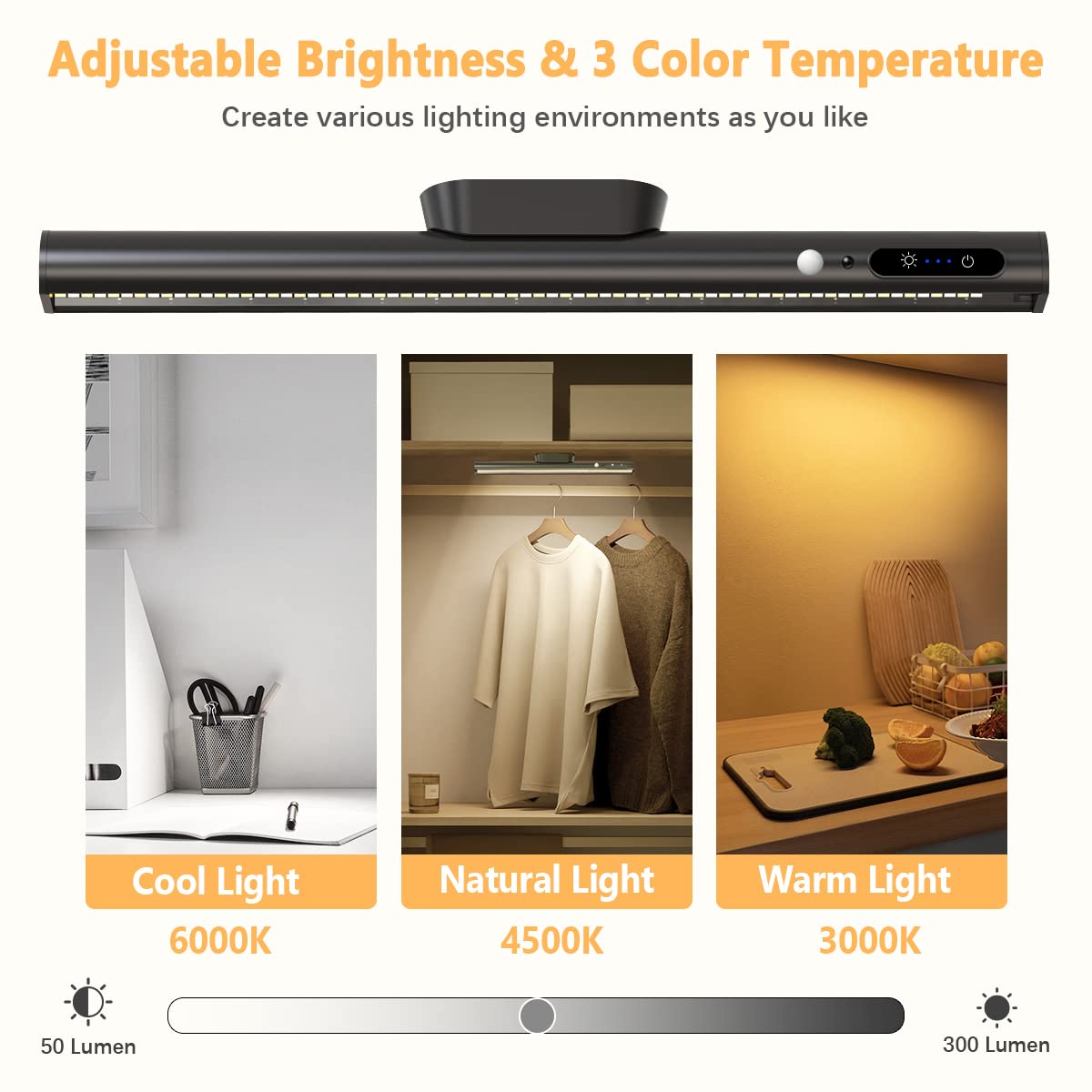 Hapfish Motion Sensor Led Light Bar Indoor, Rechargeable Under Cabinet Lighting Wireless, Magnetic Battery Powered Operated Wall