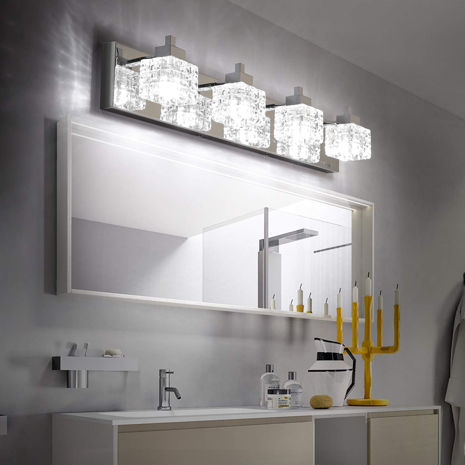 TRLIFE 26" Crystal Bathroom Vanity Light Fixture, 4 Lights, Silver Stainless Steel, Modern Over Mirror Lighting