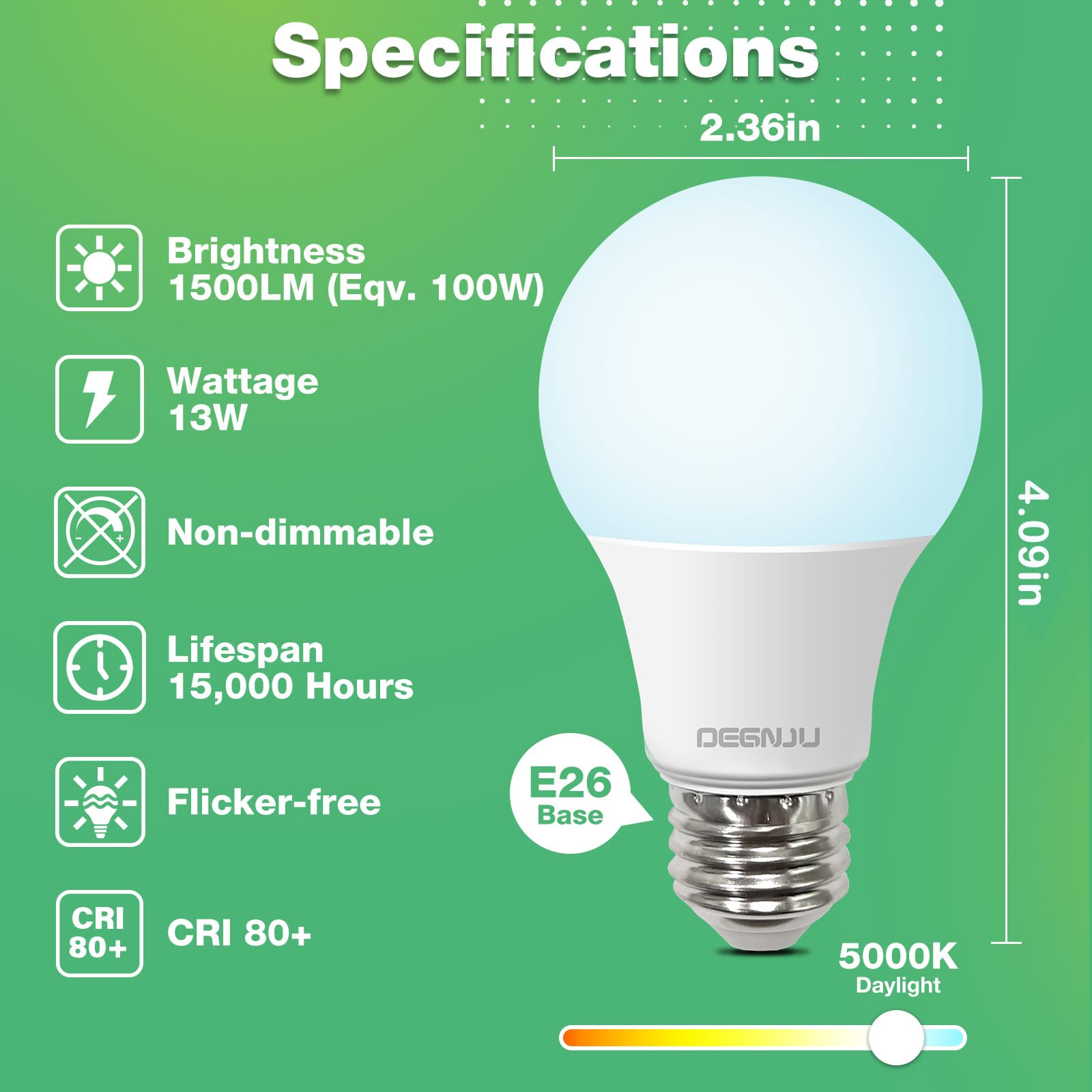 Degnju Led Light Bulbs 60W Equivalent, A19 Light Bulb Daylight 5000K 800Lm 8.5 Watt, Non-Dimmable Standard Light Bulbs E26 Medium Base,12 Pack
