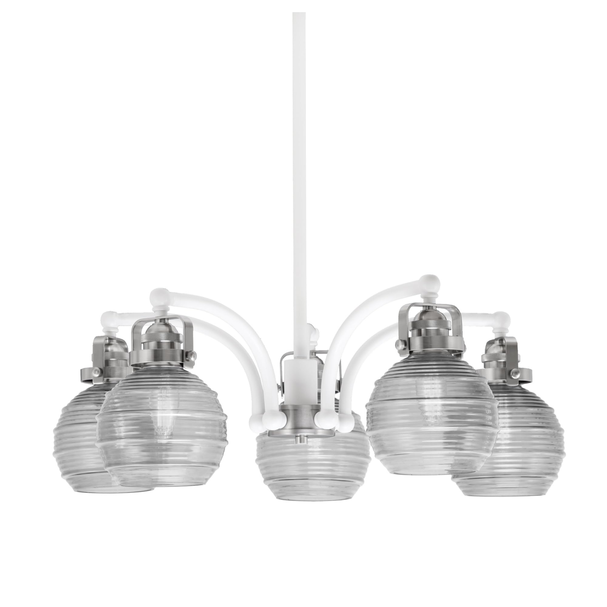 Easton Downlight, 5 Light, Chandelier Shown In White & Brushed Nickel Finish With 6&quot; Clear Ribbed Glass
