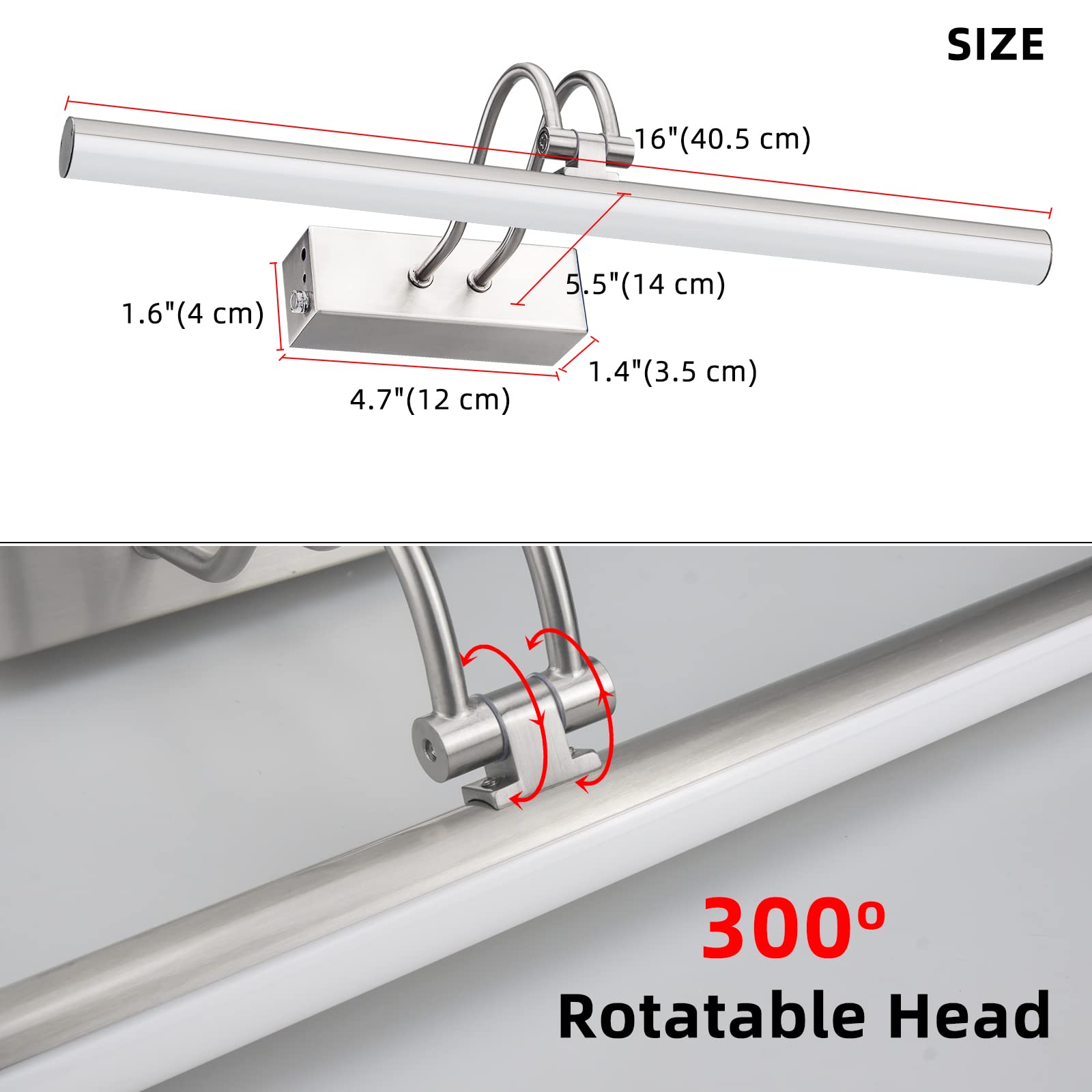 Raifoolly 16In Battery Operated Picture Light, Dimmable Metal Art Light, Remote Control, Nickel Finish, Model Rf00123