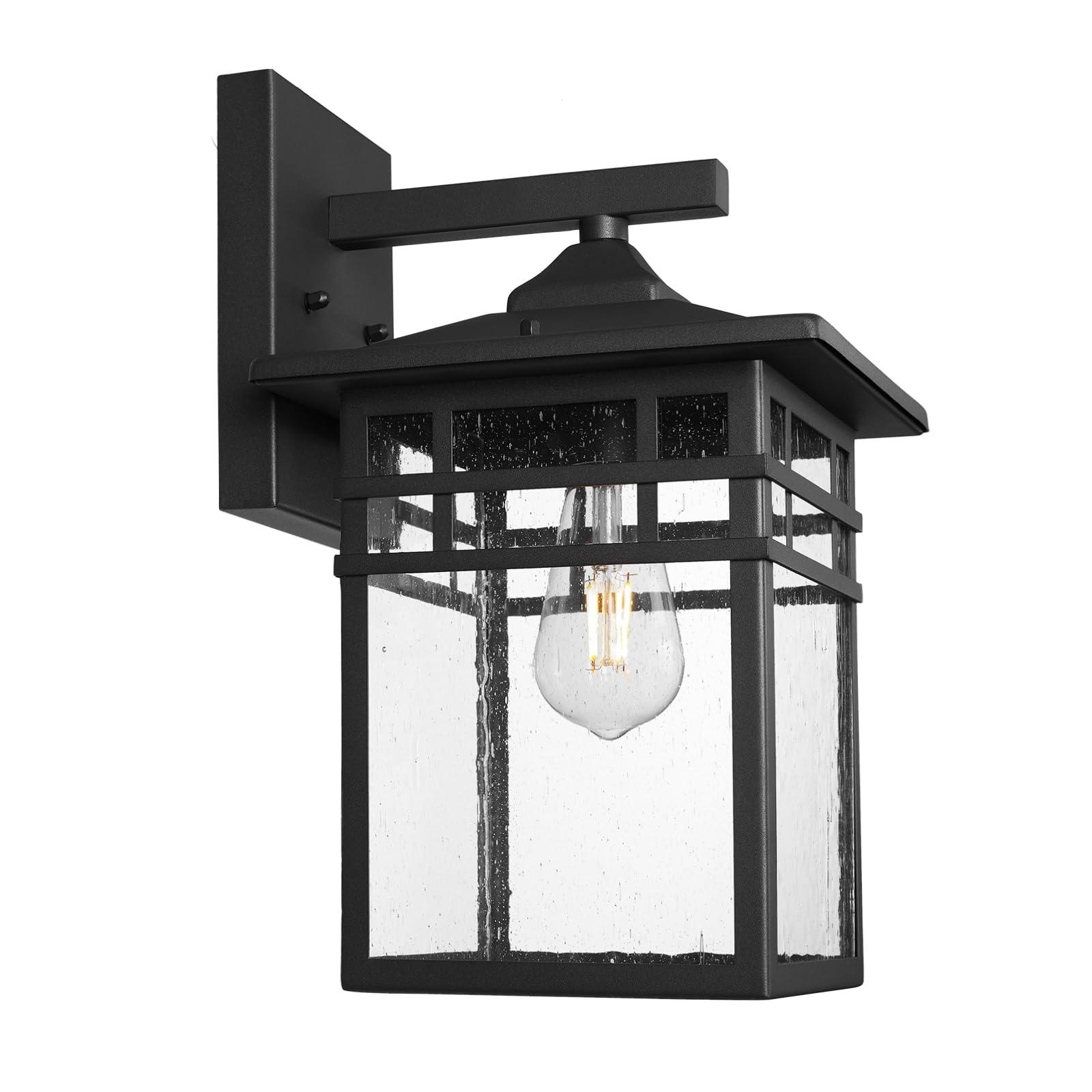 Diyel Outdoor Light Fixture Wall Mount, Black Exterior Light Fixture Wall Sconces with Seeded Glass for Front Porch, 9 Inch Larg