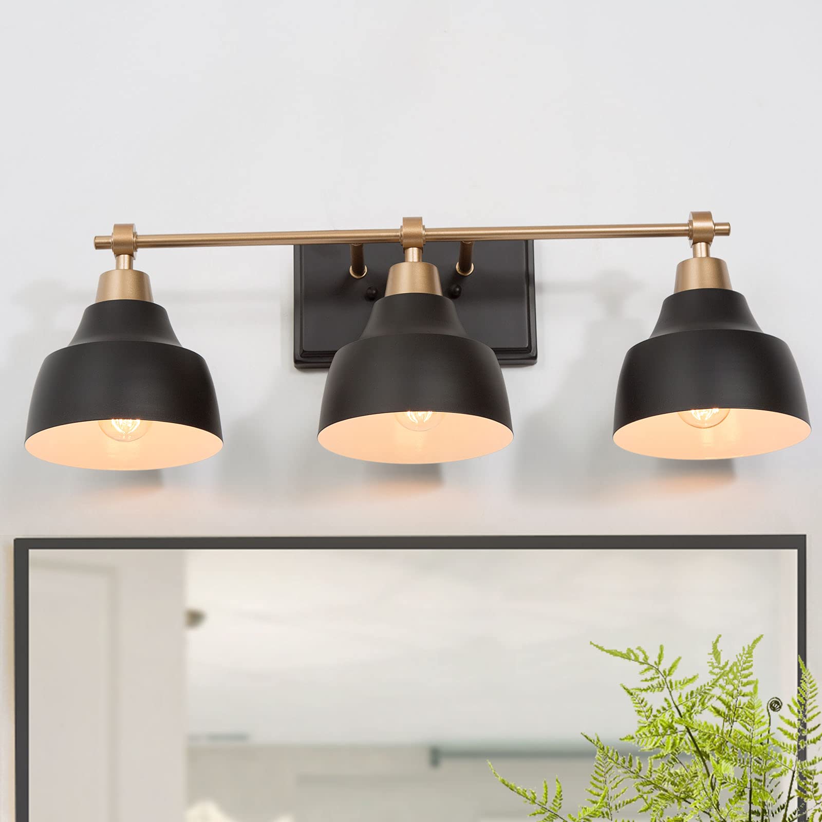 KSANA Bathroom Light Fixture  3-Light Black Bathroom Vanity Lights with Gold Socket  24.5 Large Modern Farmhouse Bathroom Lighting with Black Metal Shade