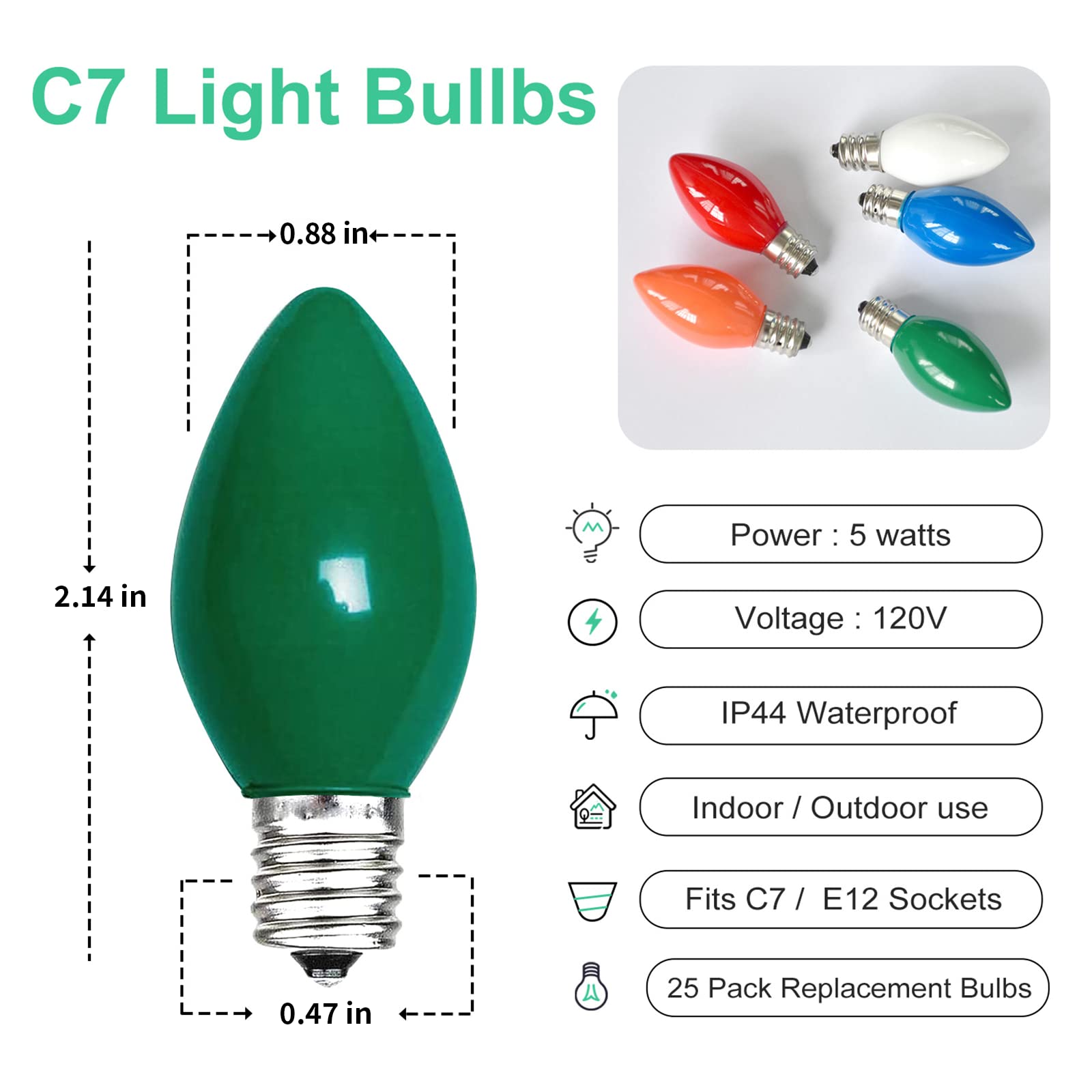 Chysuper C7 Replacement Bulbs, Multicolor Ceramic Christmas Lights Replacement Bulbs, 5W Incandescent Bulbs For Outdoor String L