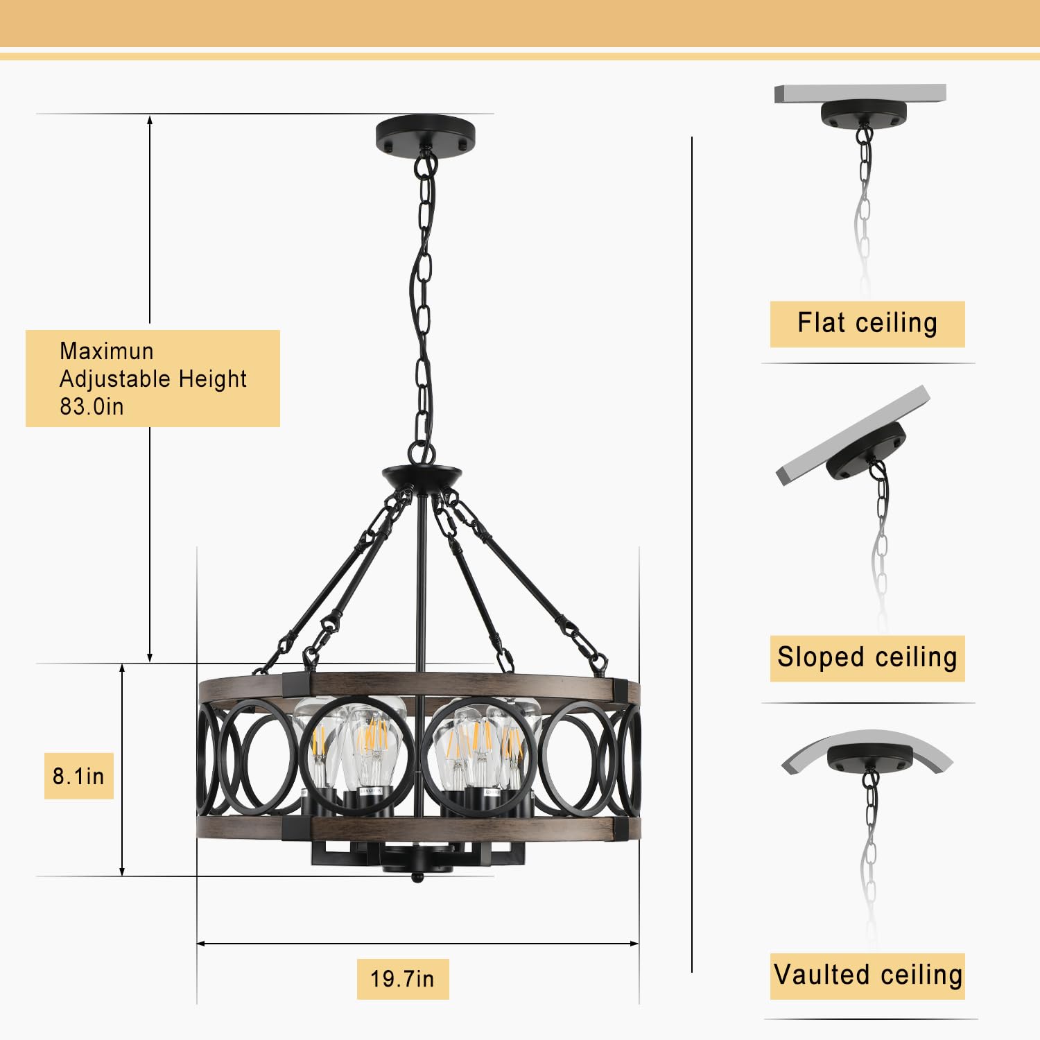 SHIANDAR Rustic 6-Light Farmhouse Chandelier, Black with Chain, Vintage Ceiling Lighting for Dining Room, Entryway, Kitchen Island