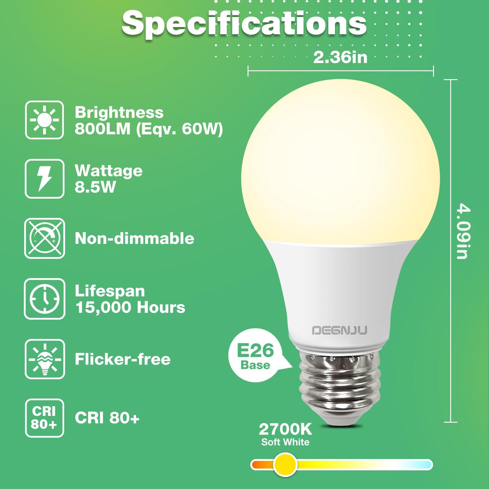 Degnju A19 Light Bulbs, 60 Watt Equivalent Led Bulb, 2700K Warm White, Non-Dimmable, E26 Base, Cri 80+, 15000 Hours, 800Lumen Light Bulb For Bedroom Living Room, 12 Pack