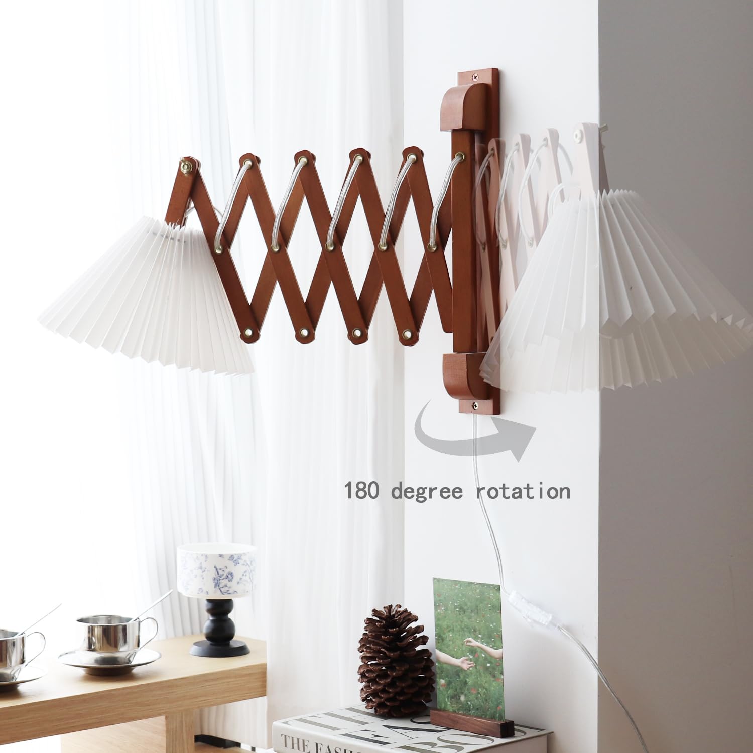 PEAUARL Swing Arm Wall Sconce, Brown Wooden Lamp for Bedroom & Living Room, Model PWLBB, On/Off Switch, E26 Bulb Excluded