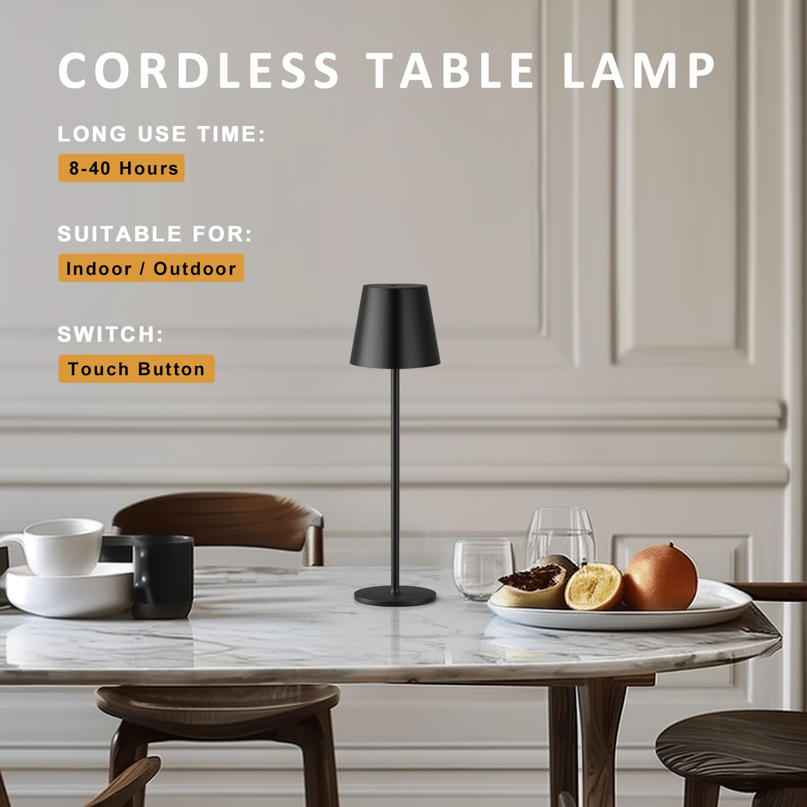 Kakanuo Cordless LED Table Lamp - Rechargeable, Touch Control, 3 Color Temperatures, Dimmable, Black, 1 Pack