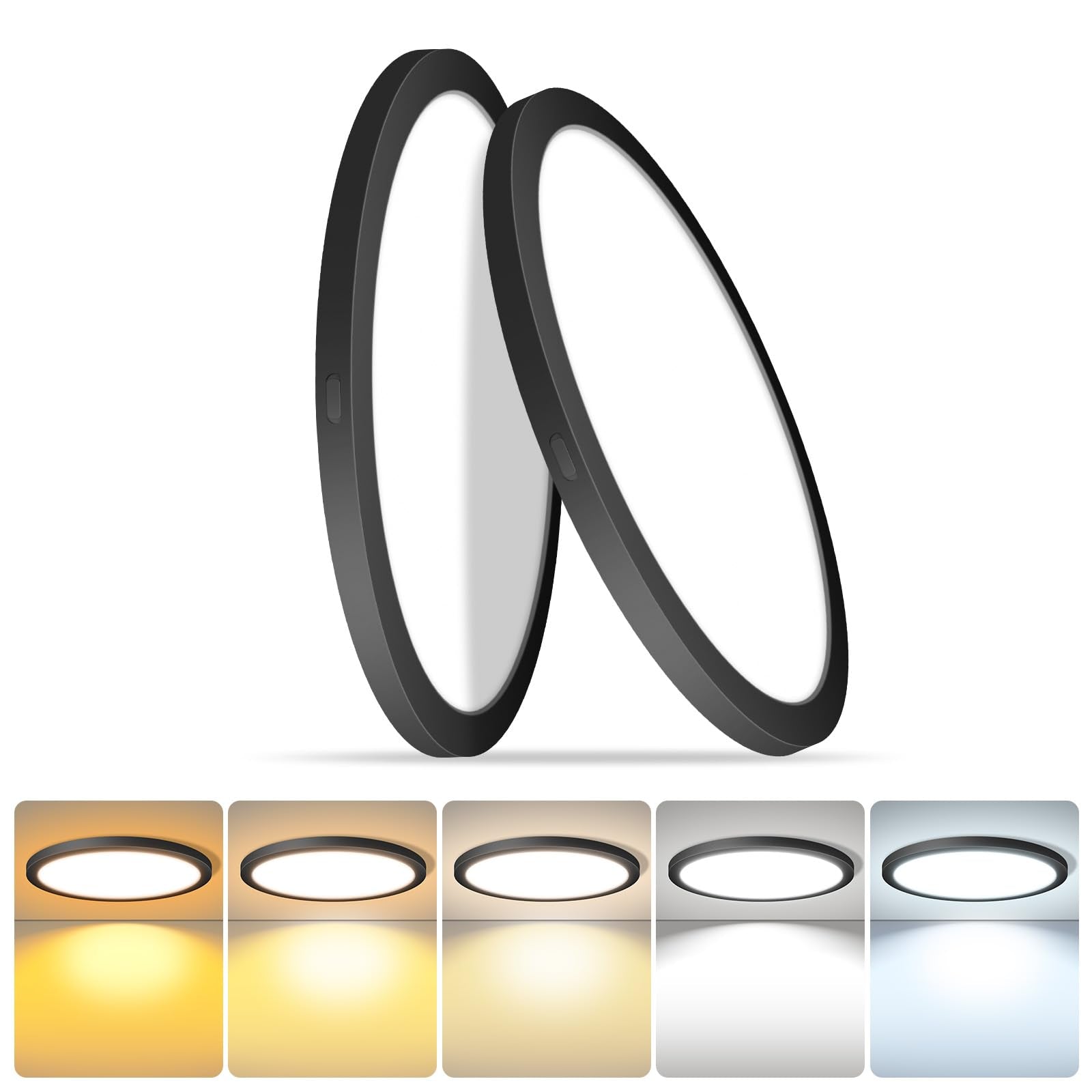 2 Pack Led Flush Mount Ceiling Lights, 9 Inch Round Black Ceiling Light, 20W 120V 5Cct 2700/3000/3500/4000/5000K, Dimmable Slim 