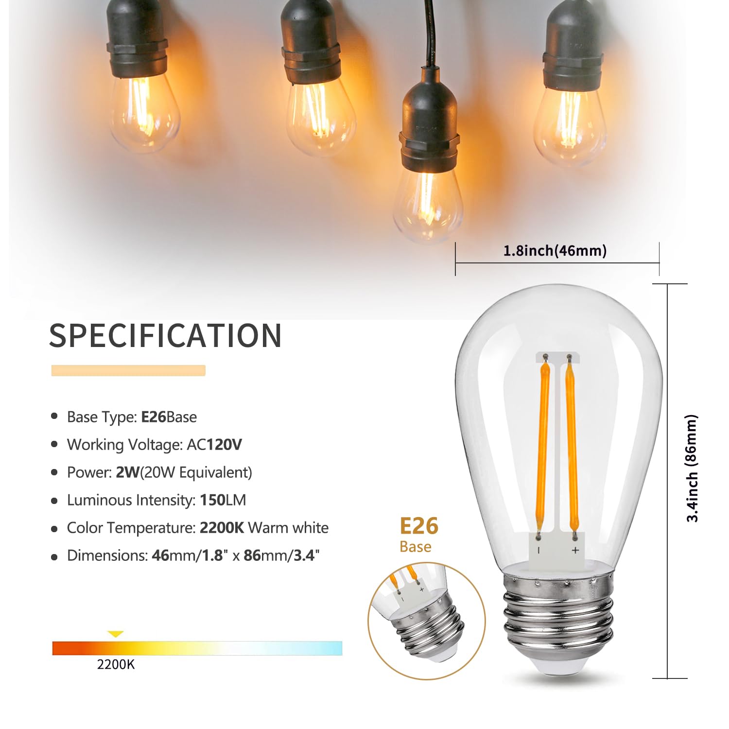 Austin Coast S14 LED Light Bulbs, 2W Shatterproof & Waterproof, E26 Base, Warm White 2200K, 48 Pack