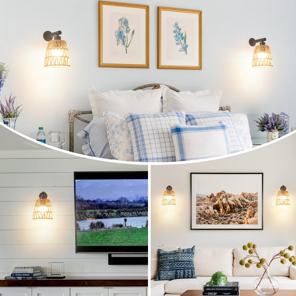 OIYIO Boho Rattan Wall Sconces Set of 2, Black, Battery Operated, RGB Colors, Rechargeable, 6.3in Wireless, Model DX23067W1