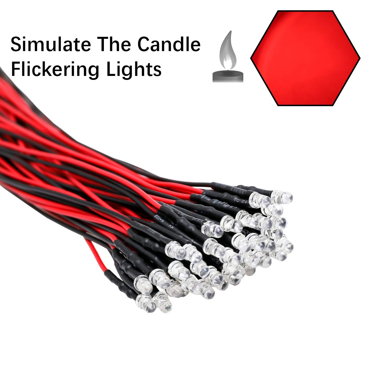Edgelec 30Pcs 12 Volt 3Mm Red Flicker Led Lights Emitting Diodes (Candle Flickering Lights) Pre Wired 7.9 Inch Dc 12V Led Light Clear Lens Small Led Lamps