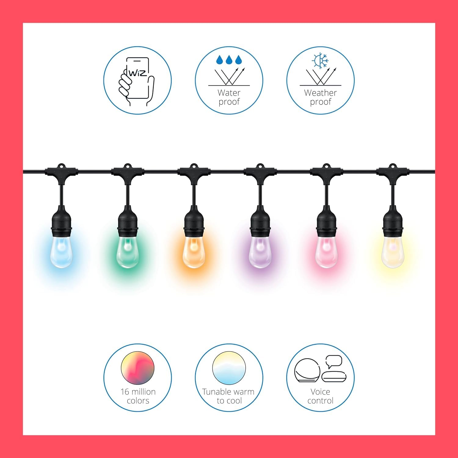 WiZ Connected 48ft Outdoor WiFi Color String Lights, 16 Million Colors, Smart Control, Adapter Included, Model 604363