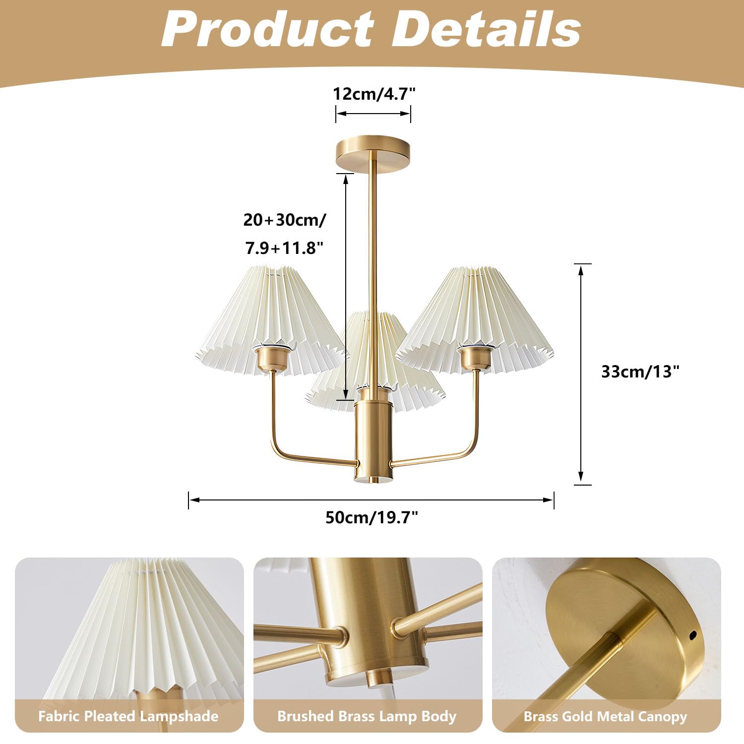 Kco Lighting 3-Lights Pleated Chandelier White Fabric Pendant Light Fixtures Mid Century Modern Gold Sputnik Chandelier Vintage