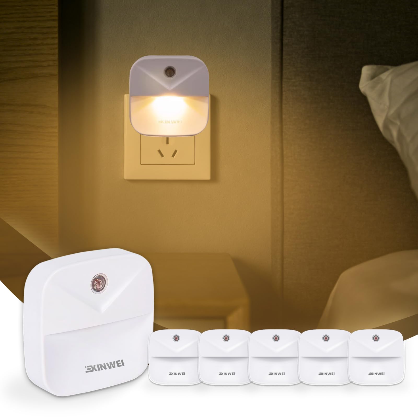 XINWEI Night Lights Plug into Wall  Automatic LED Night Light with Dusk to Dawn Sensor  Modern V-Groove Design Square Night Lite for Hallway  0.4W Plug-in Night Lights 6-Pack (Warm Light)