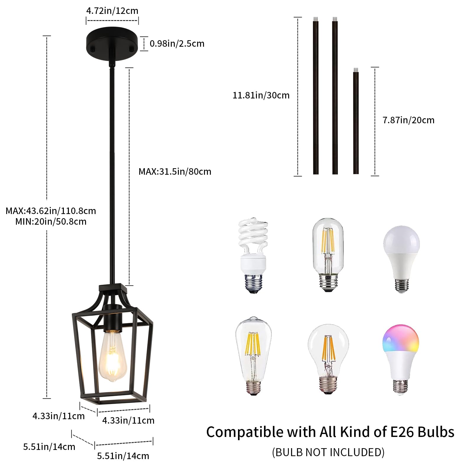 Foucasal Black Lantern Pendant Light Mini Pendant Lights For Kitchen Island Pendant Light Fixture, Adjustable Rods Farmhouse Pen