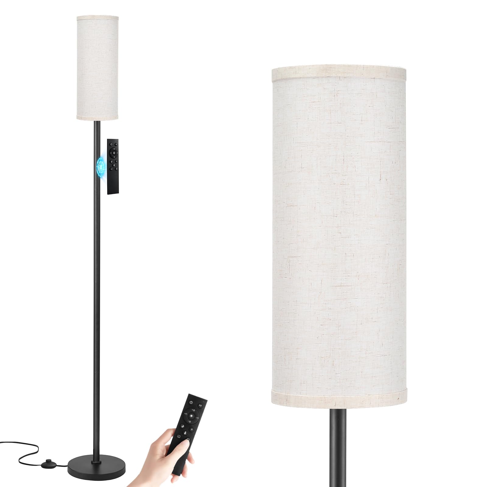 Ambimall 64'' Floor Lamps for Living Room with Remote Control and Stepless Dimmable Colors Temperature & Brightness, 9W Bulb Included(Beige Lampshade & Black Pole)