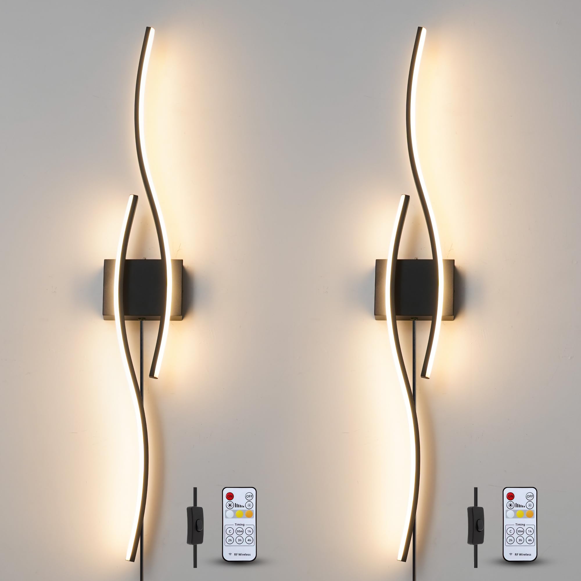 Daunton Modern Plug In Wall Sconces Set Of Two, Rc Dimmable Led Plug In Wall Light, Black Sconce Wall Lighting For Living Room, Hallway, Bedroom