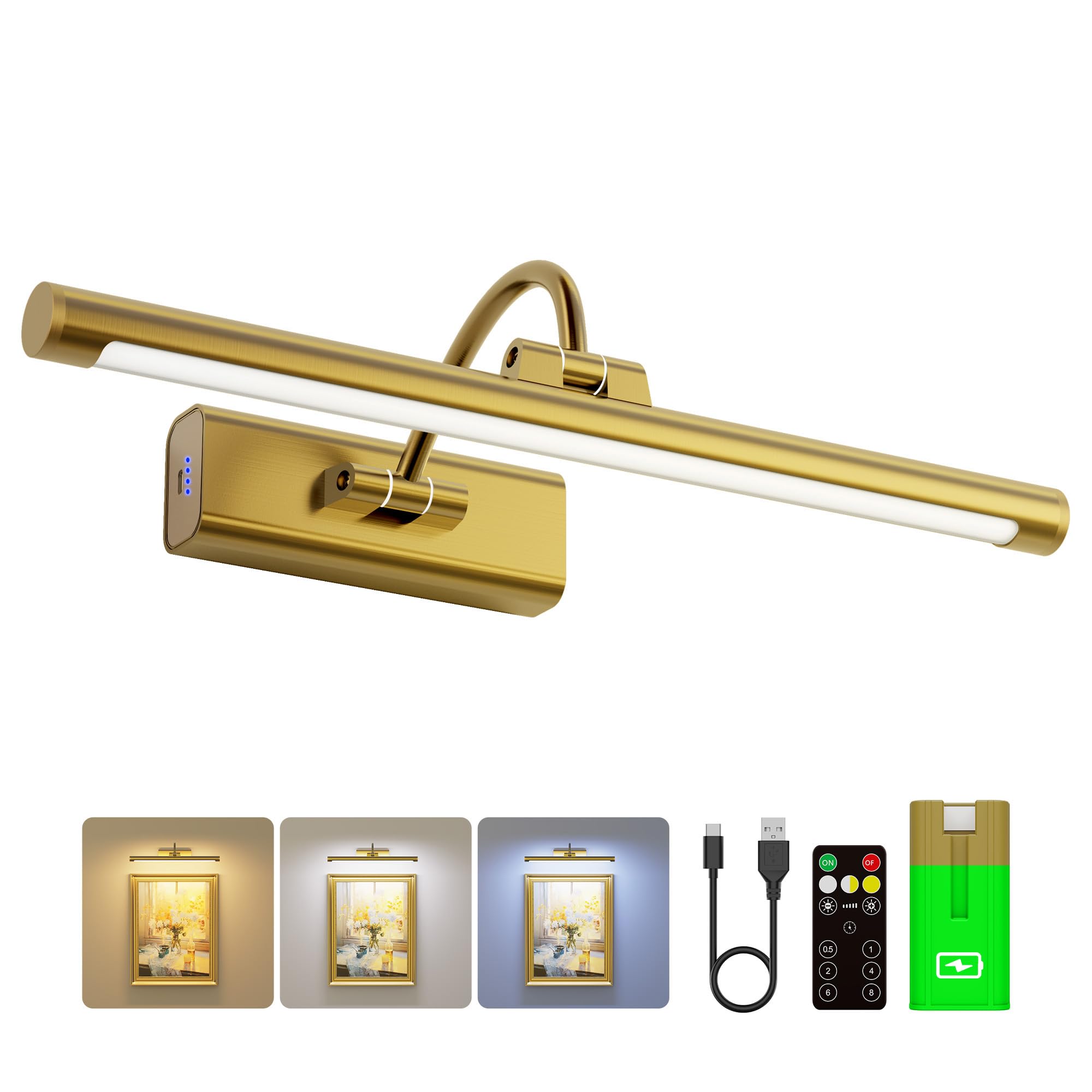 Craftersmark 16 Gallery Picture Light with 1pcs Extra 6000mAh Battery- Brass Cordless Rechargeable Wall Sconce with Remote for Library  Study Room  Art & Renter Use
