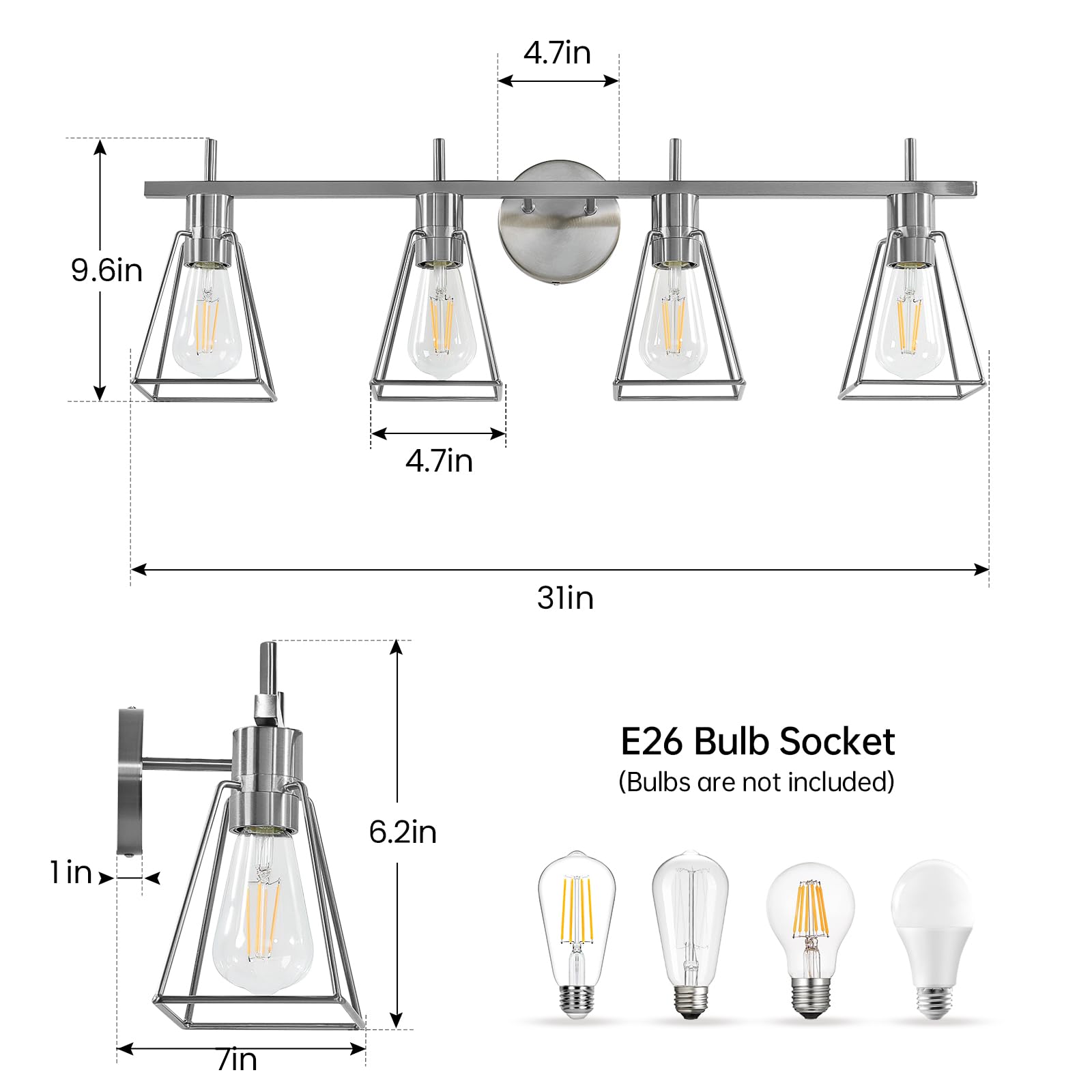 HAHZT 4-Light Industrial Bathroom Vanity Lights, Brushed Nickel Metal Cage Sconce, Model 8065ML, Rustic Farmhouse Fixture for Bath or Hallway