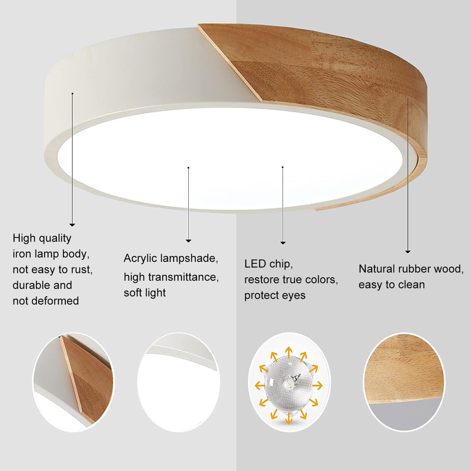 Flush Mount Ceiling Light  12 Inch Led Ceiling Light Fixture  Matte White With Wood  4500K/24W(150W Equiv.)  Not Dimmable Indoor Lighting Fixtures Ceiling For Bedroom And Hallway