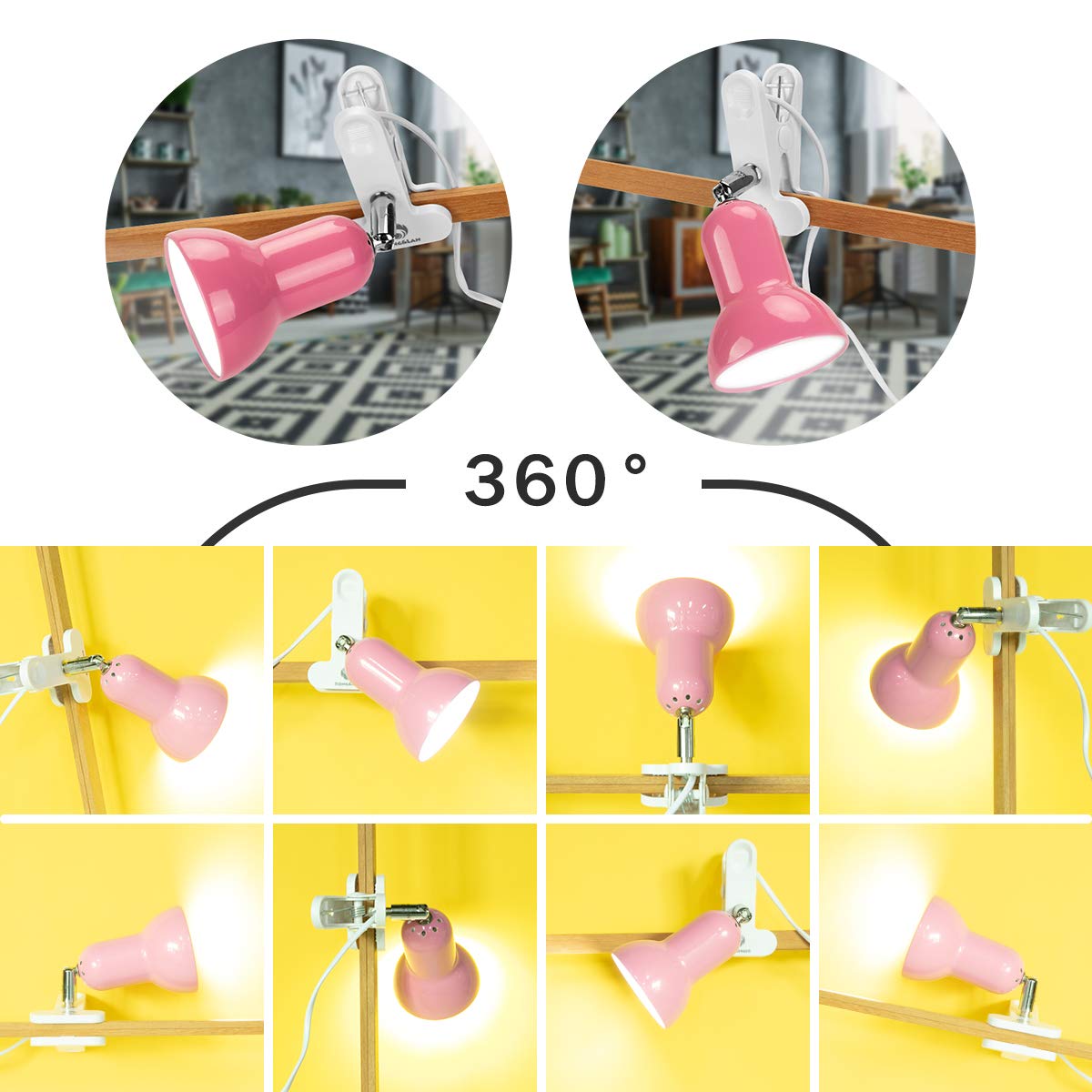 Sun-Rising Clip on Lamp - 360° Rotation, Portable Book Reading Light, 4.53inx4.53inx3.5in, Metal, Red, Model SUN-88