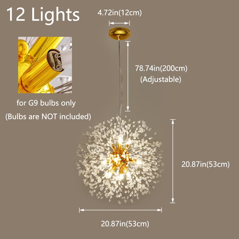 Mivenda Gold Crystal Chandeliers 12-Light Modern Dandelion Light Fixture,Firework Chandelier,Personalized Ceiling Hanging Lighti